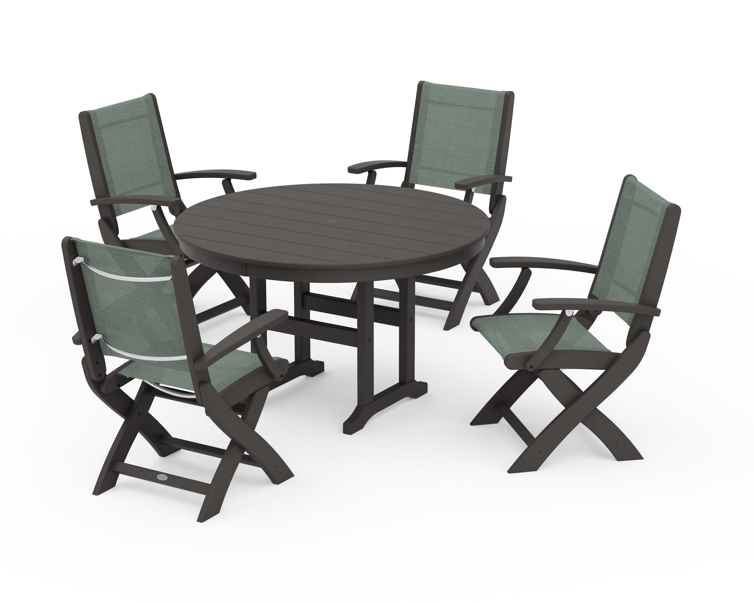 POLYWOOD Coastal Folding Chair 5-Piece Round Dining Set in Vintage Coffee / Dupioni Sea Mist Sling