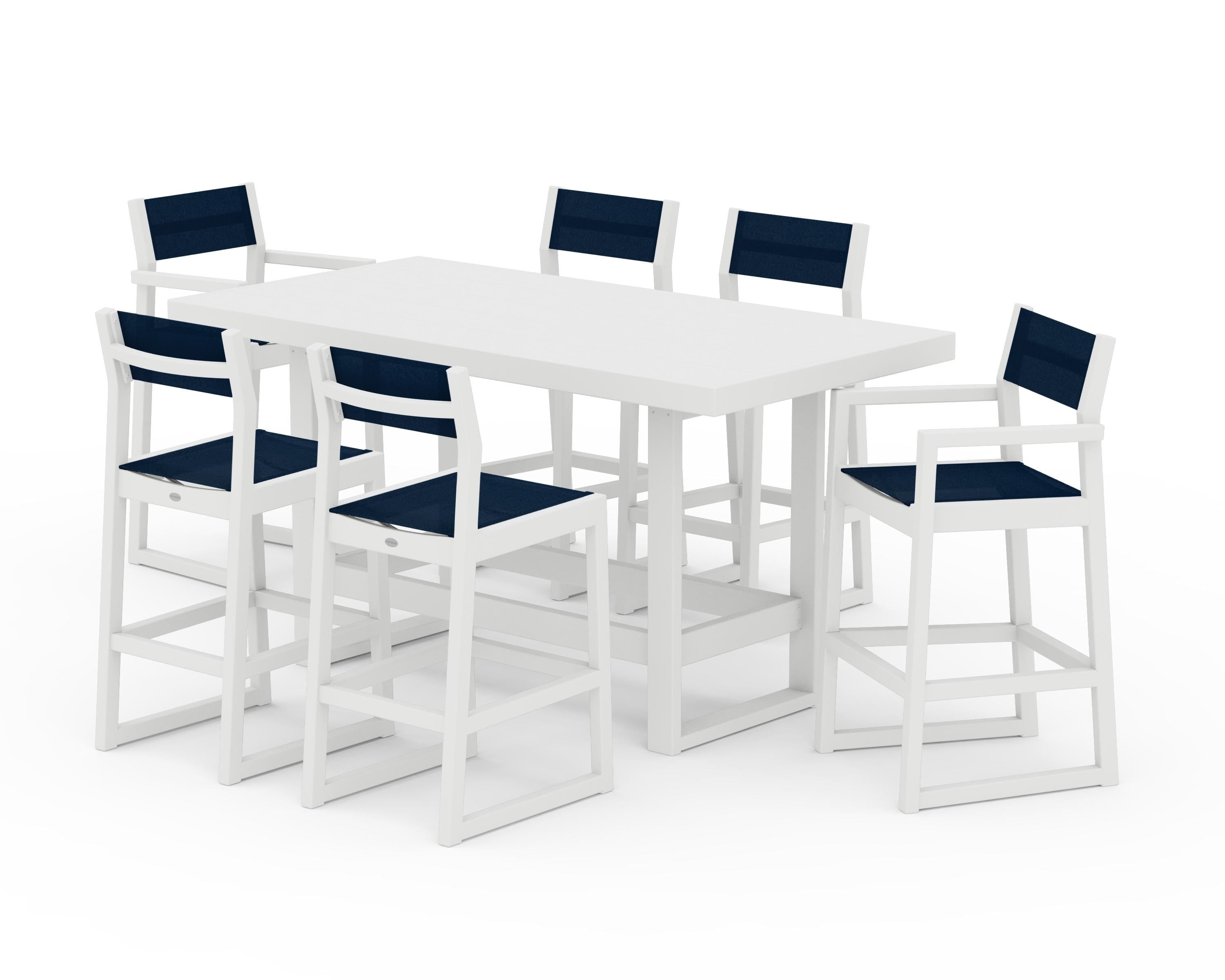POLYWOOD EDGE Sling 7-Piece Bar Table Set in White / Navy Blue Sling