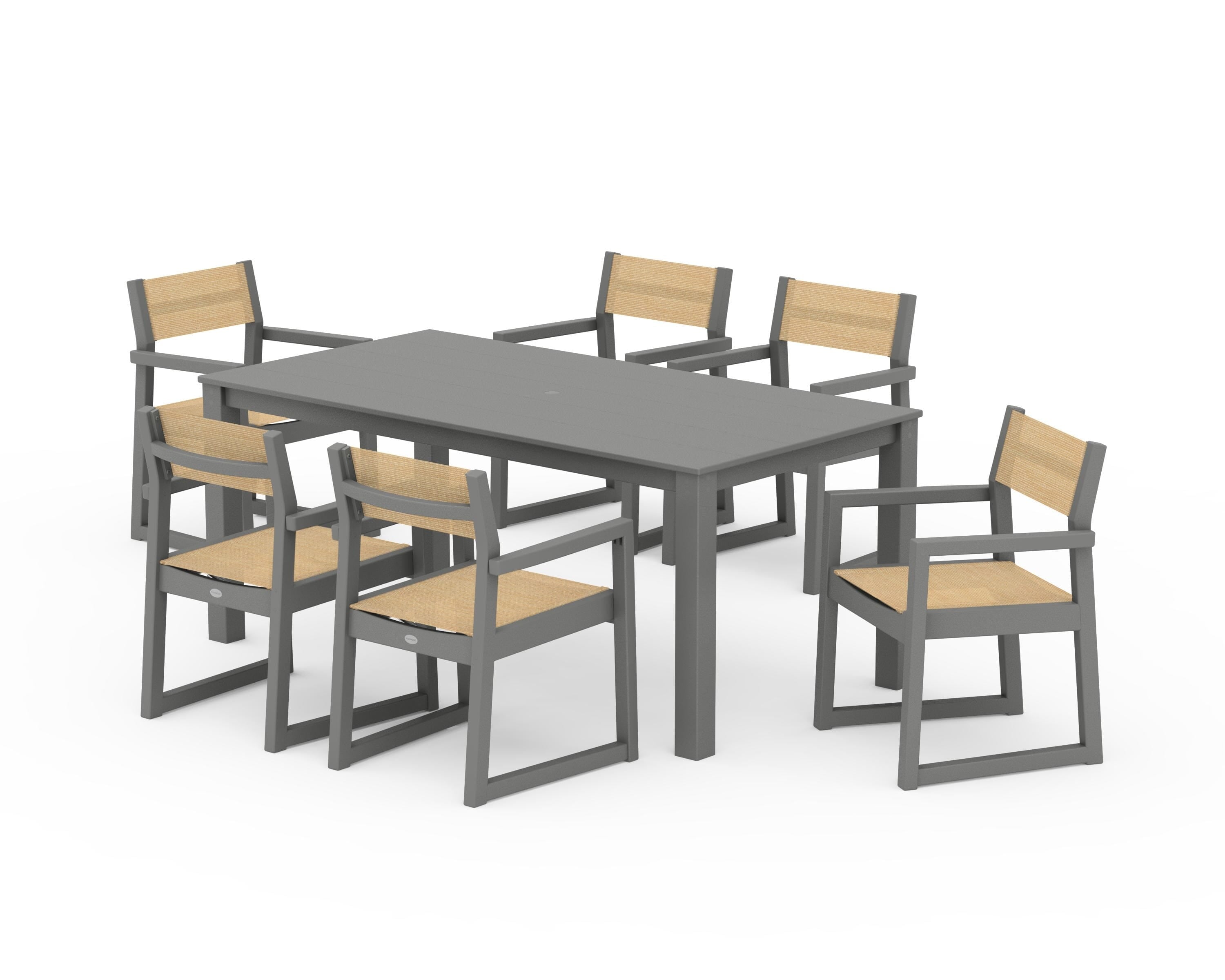 POLYWOOD EDGE Sling Arm Chair 7-Piece Parsons Dining Set in Slate Grey / Dupioni Apricot Sling