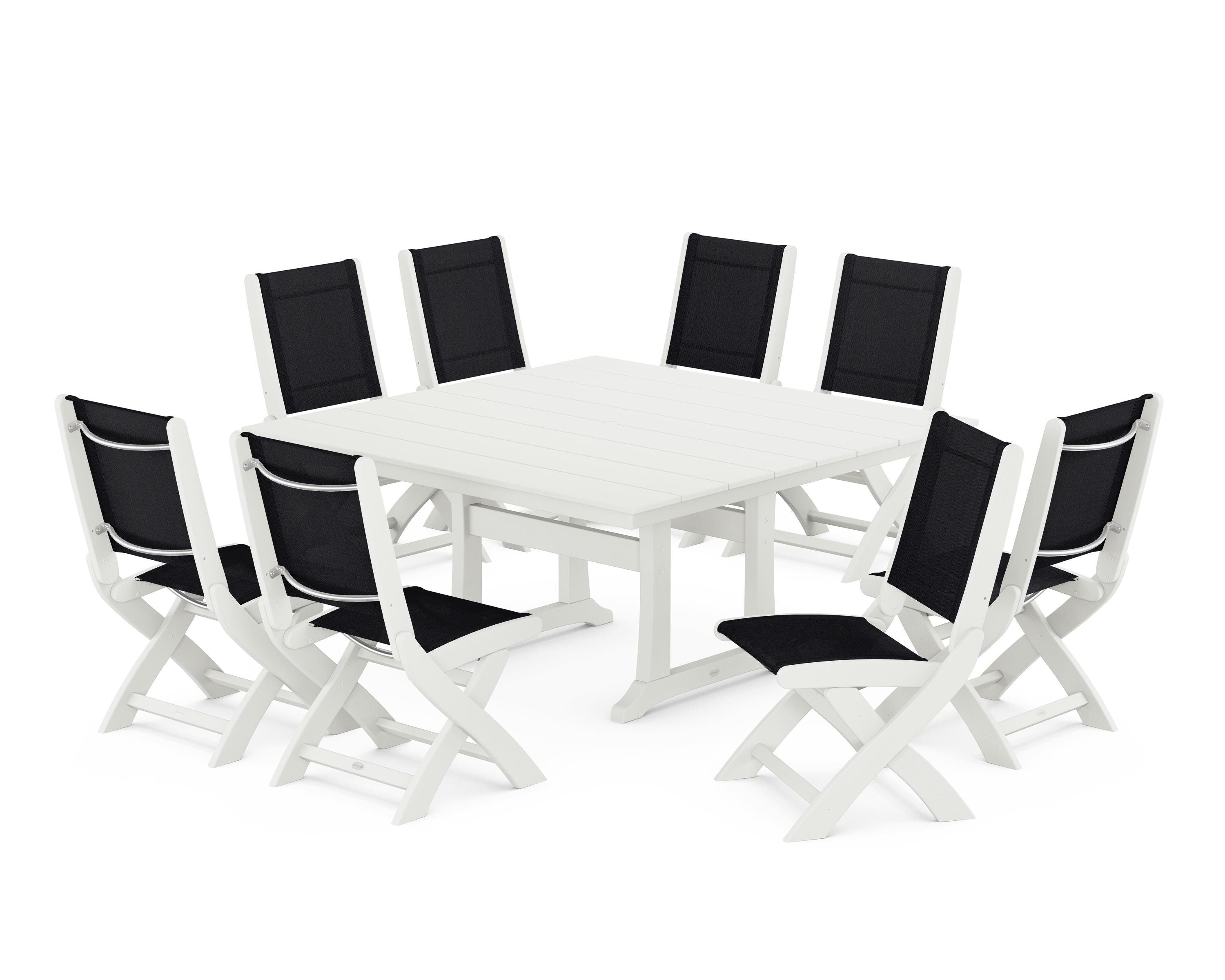 POLYWOOD Coastal Folding Side Chair 9-Piece Farmhouse Dining Set in Vintage White / Black Sling