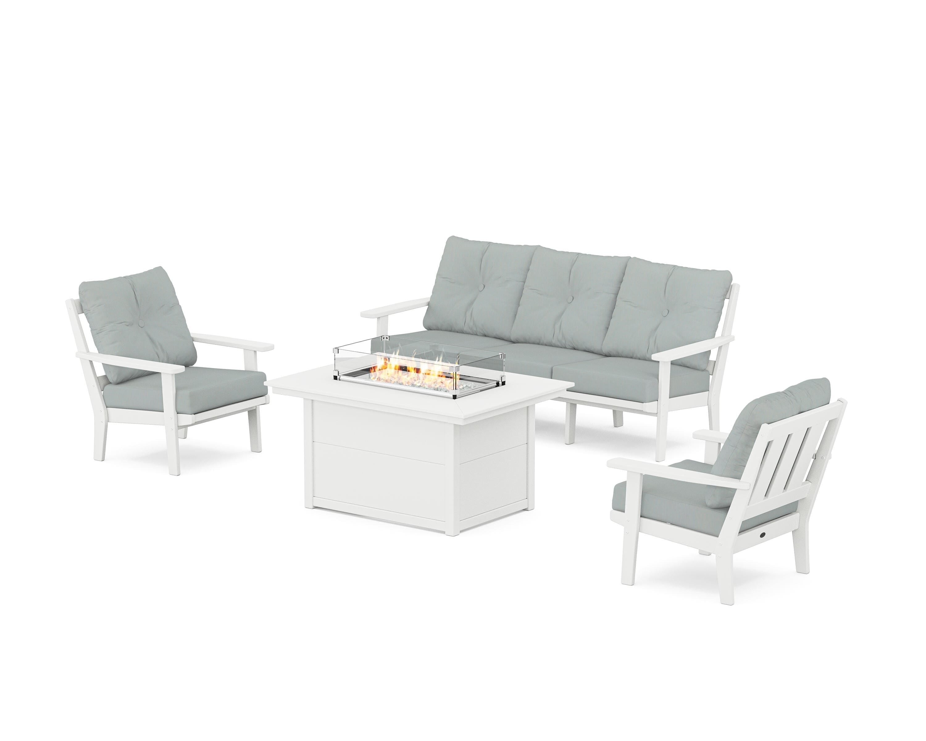 POLYWOOD Oxford Deep Seating Fire Pit Table Set in White / Spa