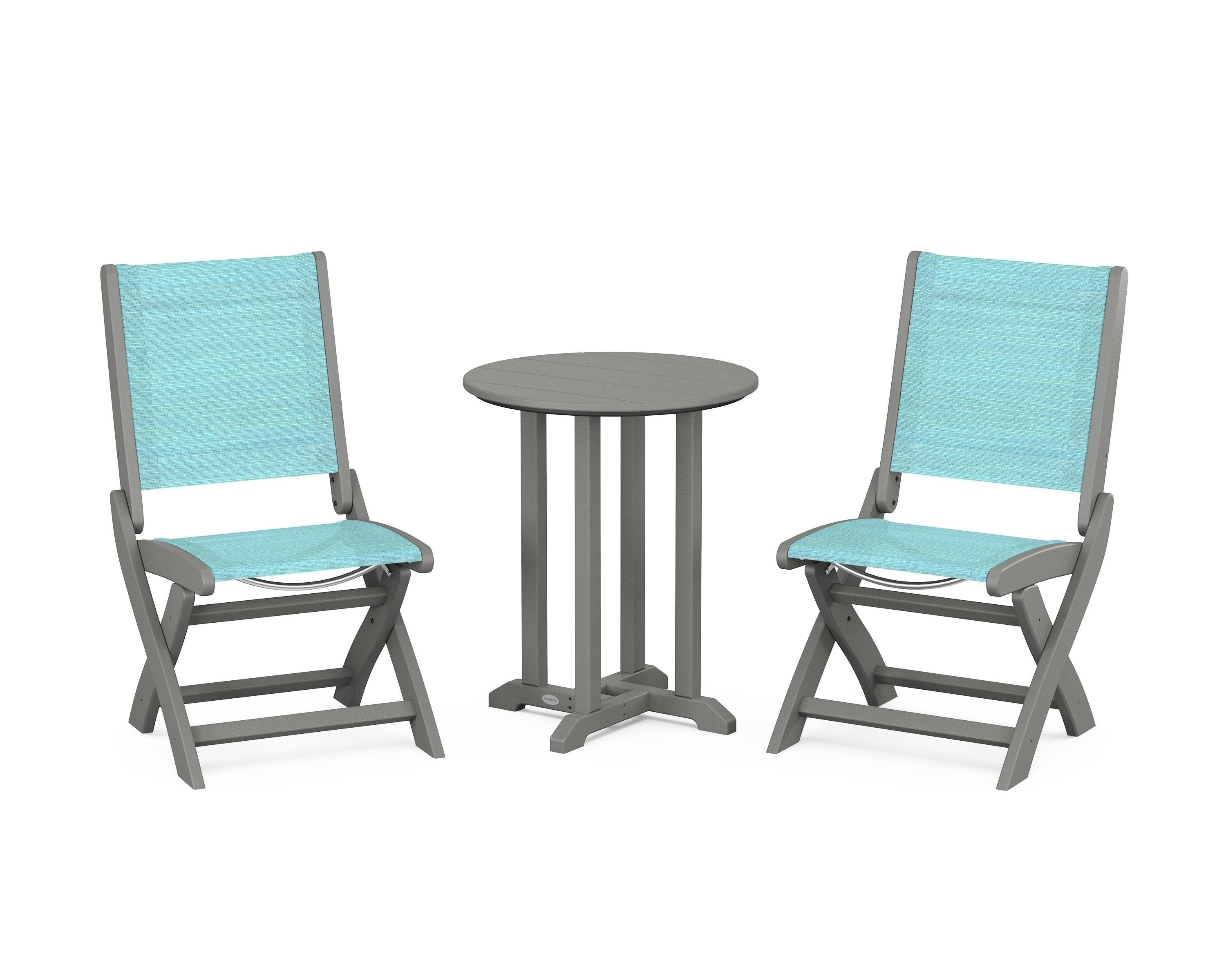 POLYWOOD Coastal Folding Side Chair 3-Piece Round Bistro Dining Set in Slate Grey / Dupioni Aquamarine Sling