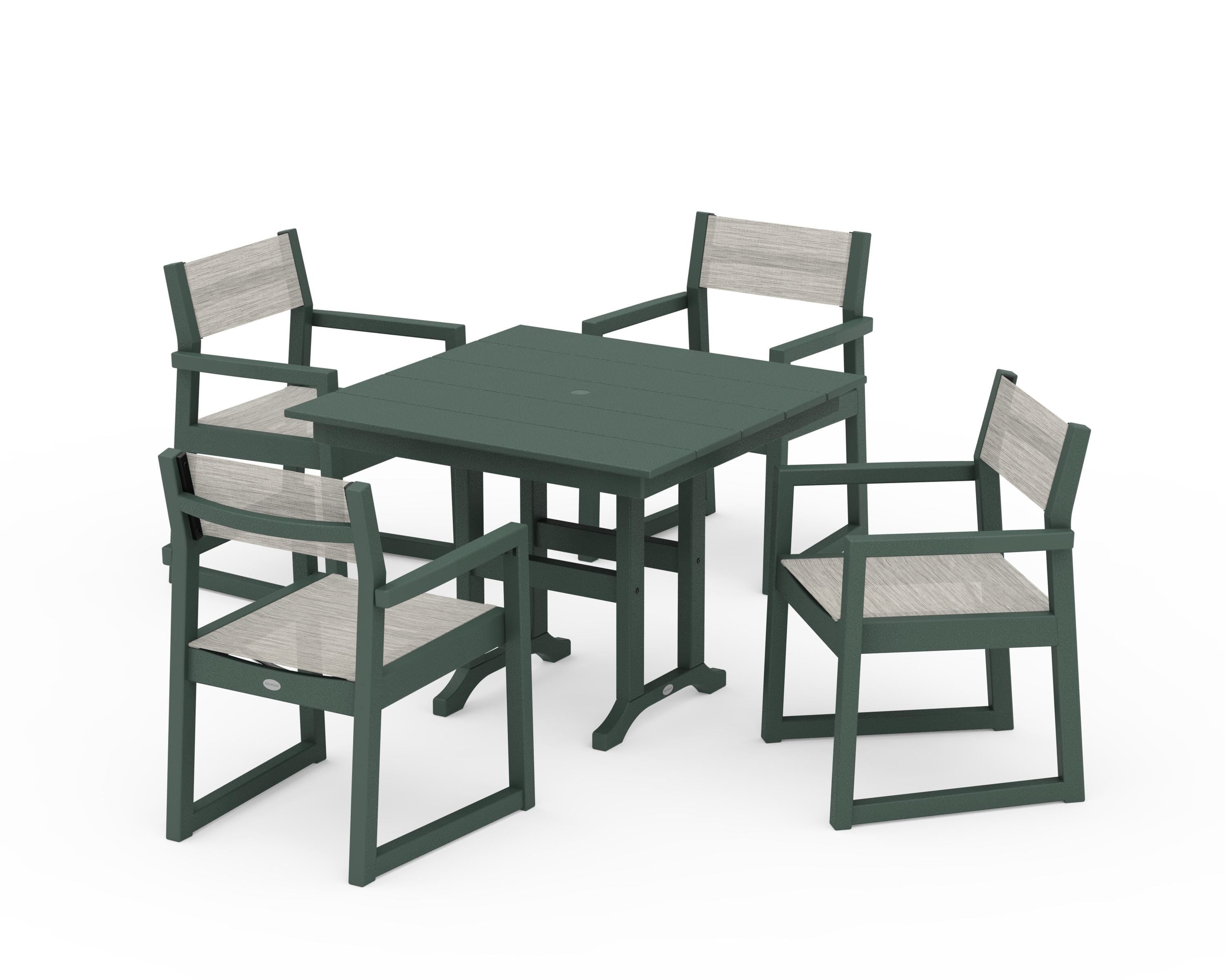 POLYWOOD EDGE Sling Arm Chair 5-Piece Farmhouse Dining Set in Green / Birch Sling