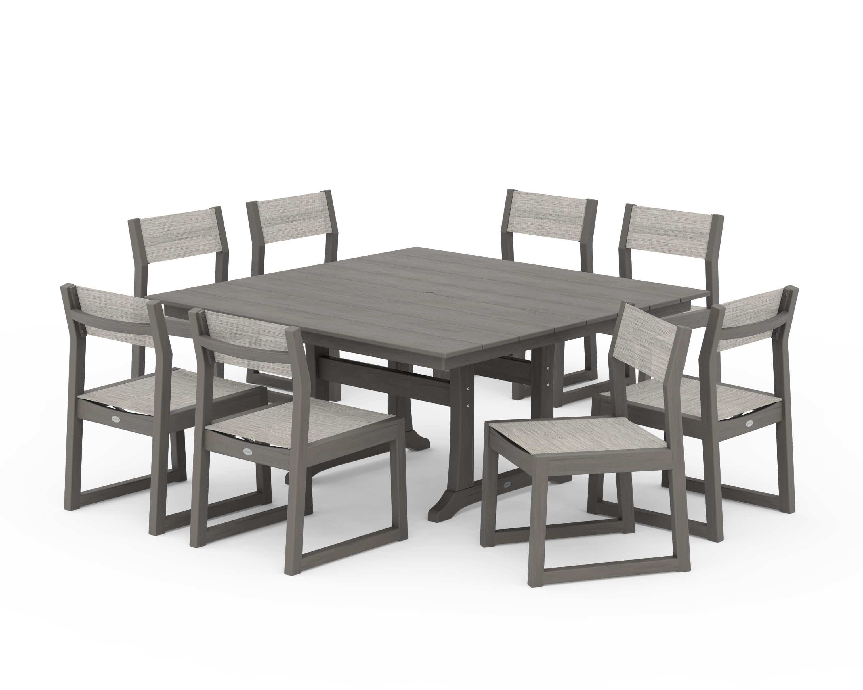 POLYWOOD EDGE Sling Side Chair 9-Piece Farmhouse Trestle Dining Set in Driftwood / Birch Sling