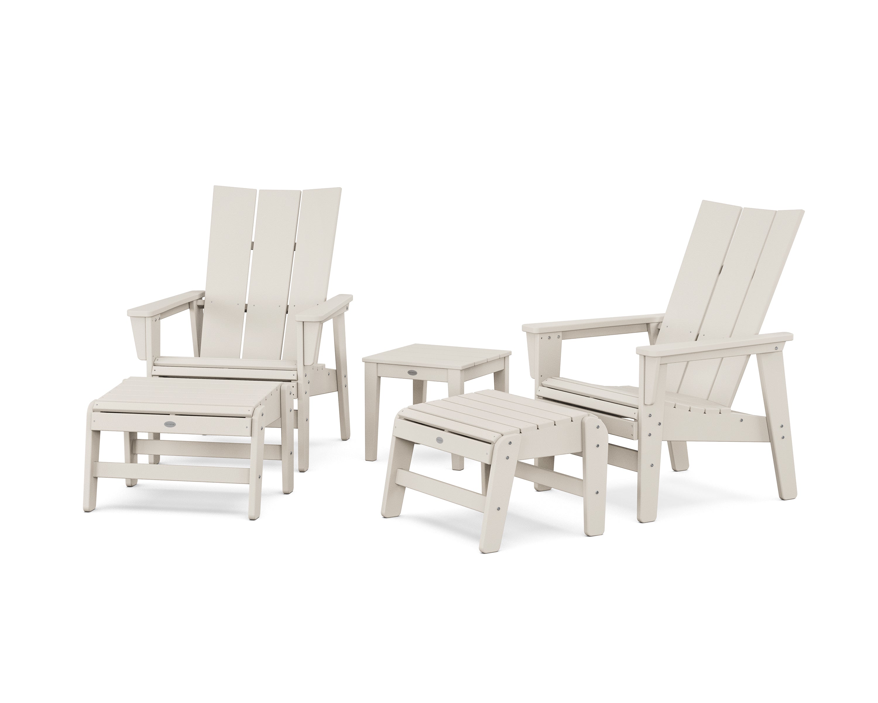 POLYWOOD 5-Piece Modern Grand Upright Adirondack Set with Ottomans and Side Table in Sand