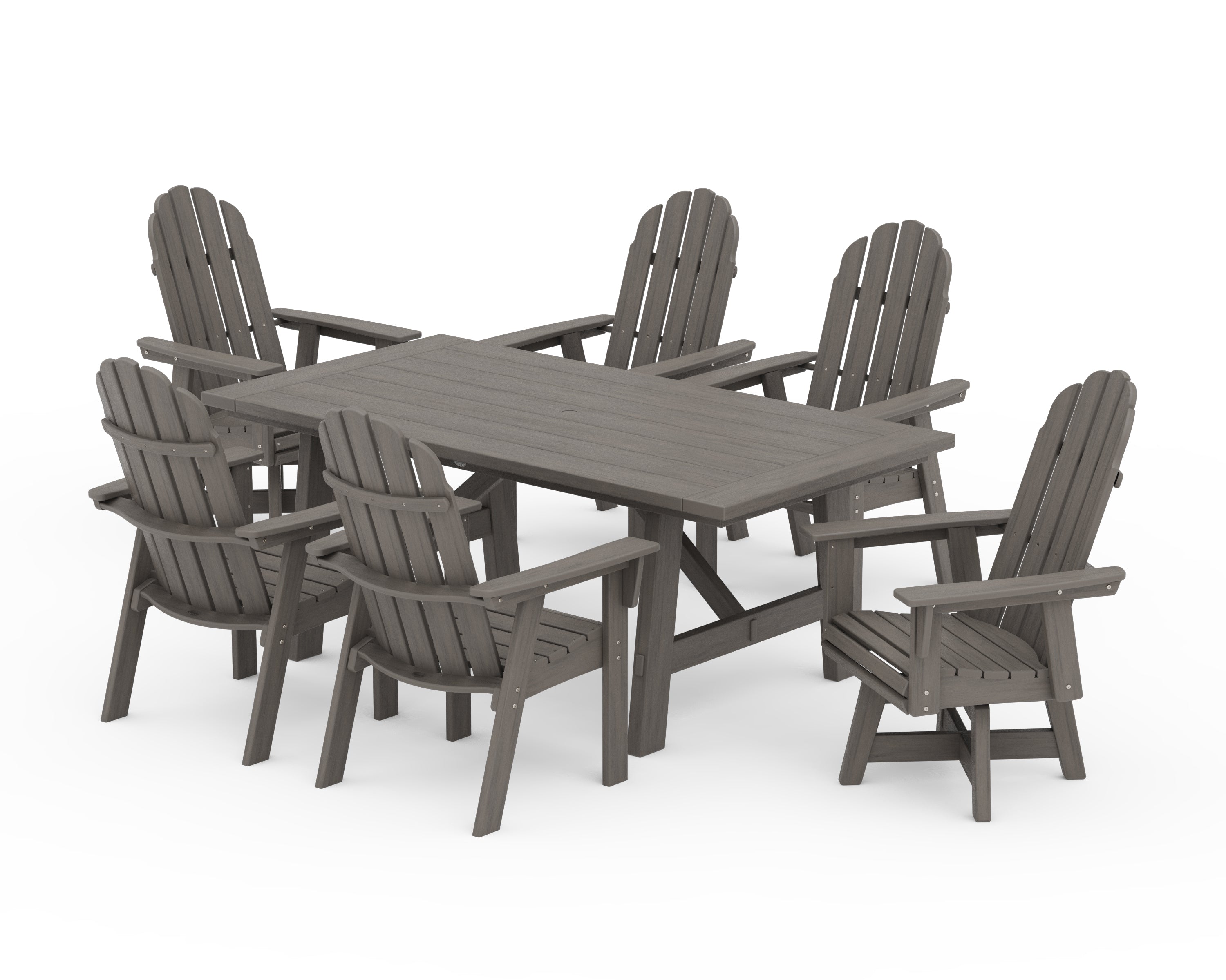POLYWOOD Vineyard Curveback Adirondack Swivel Chair 7-Piece Rustic Farmhouse Dining Set in Driftwood