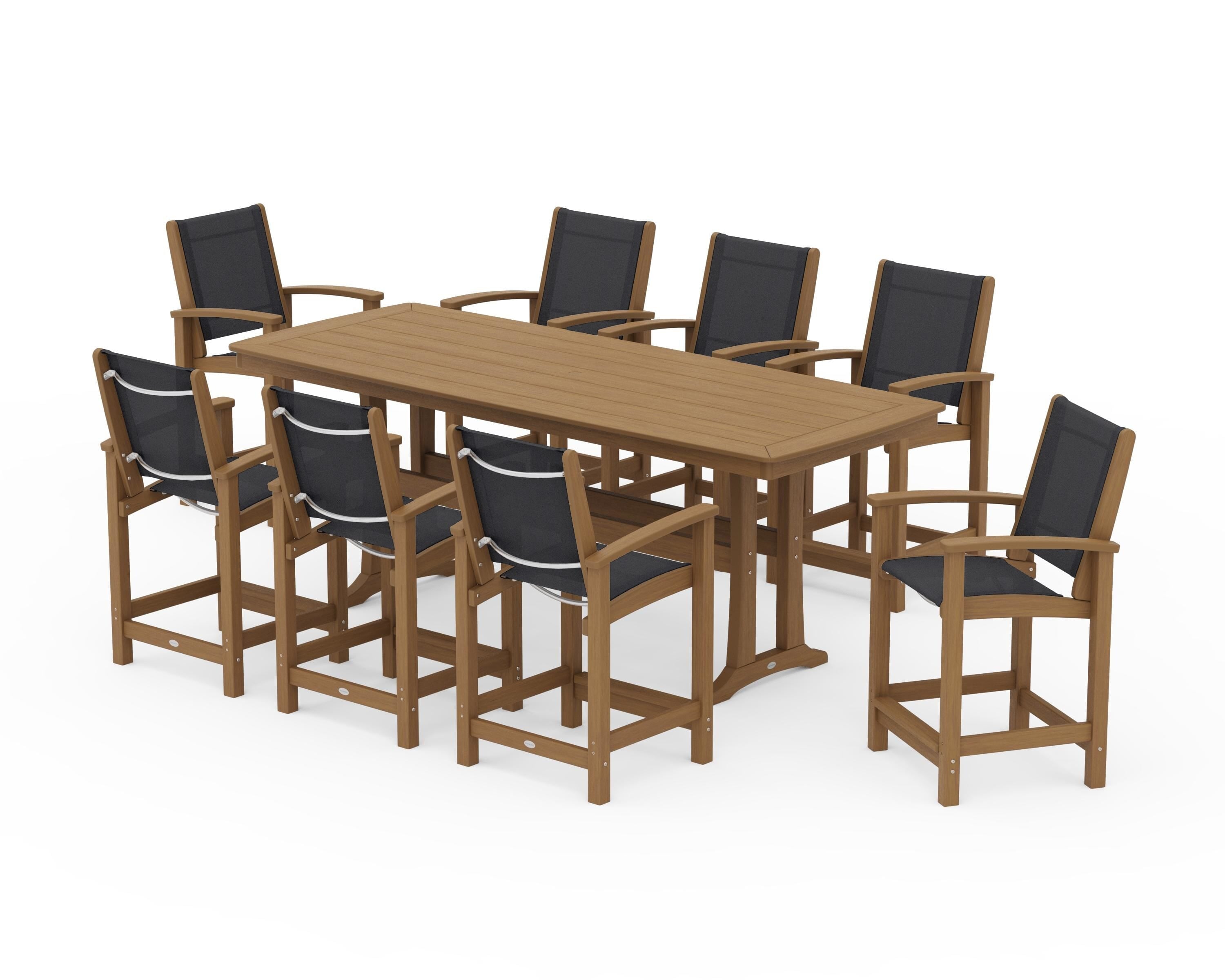 POLYWOOD Coastal 9-Piece Counter Set with Trestle Legs in Natural / Black Sling