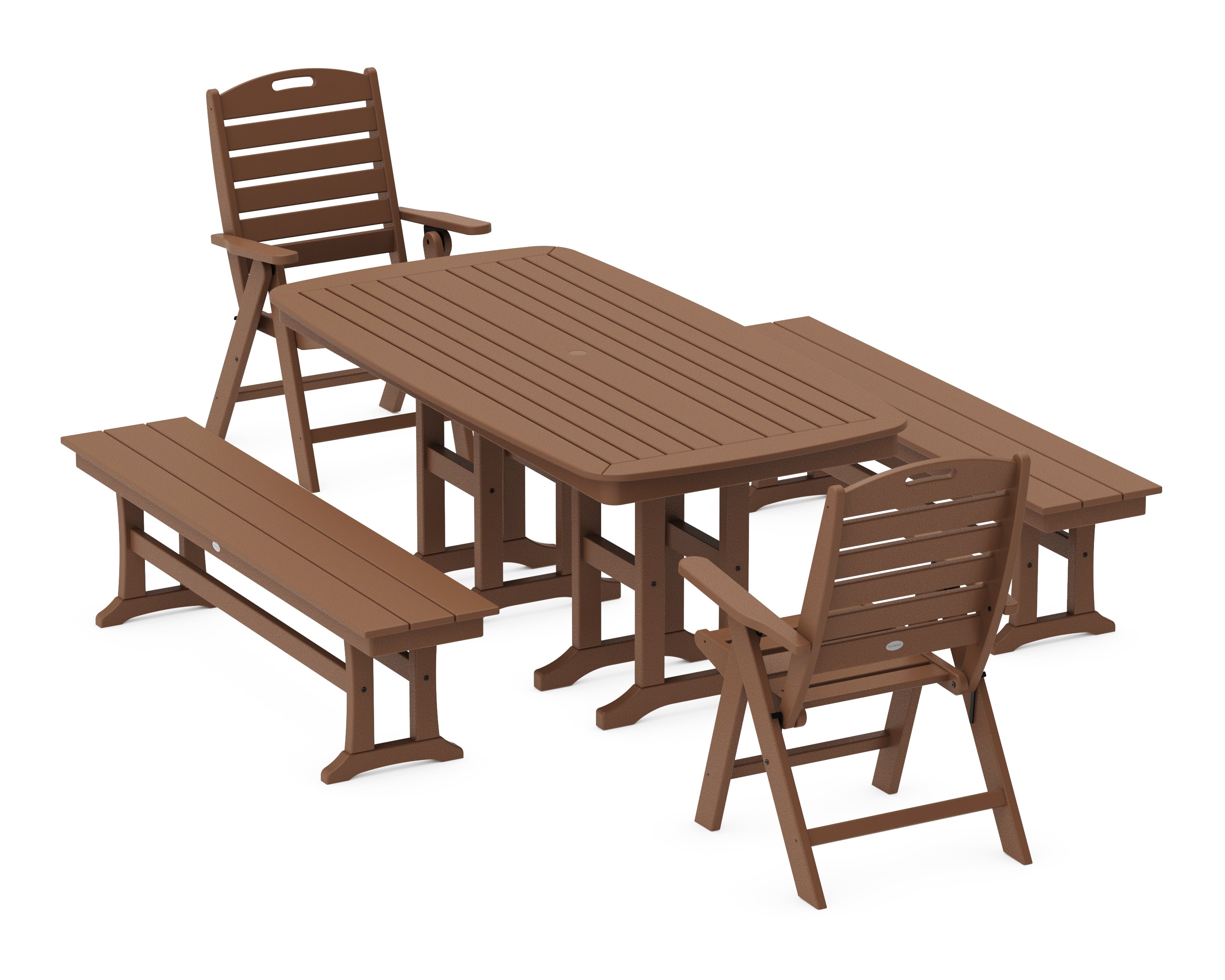 POLYWOOD Nautical Highback 5-Piece Dining Set with Benches in Teak