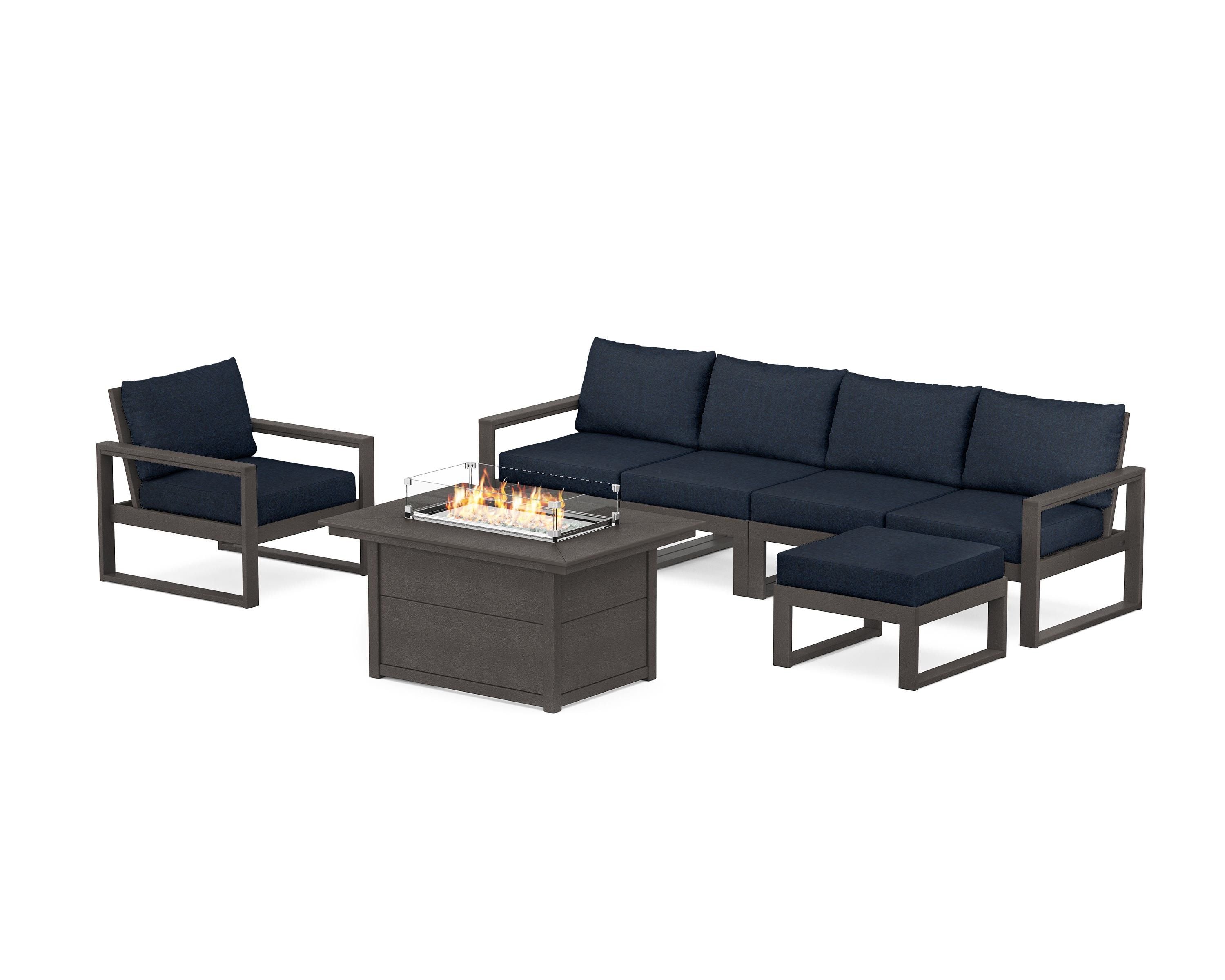 POLYWOOD EDGE Sectional Lounge and Fire Pit Set in Vintage Coffee / Marine Indigo