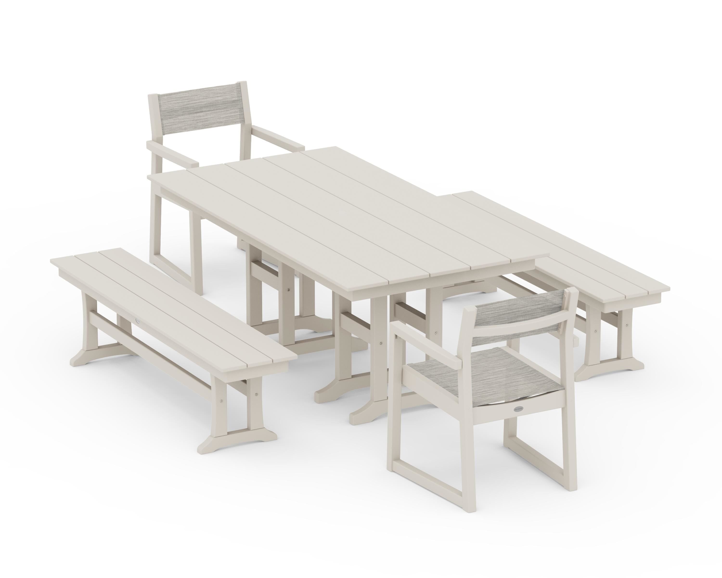 POLYWOOD EDGE Sling Arm Chair 5-Piece Farmhouse Dining Set with Benches in Sand / Birch Sling