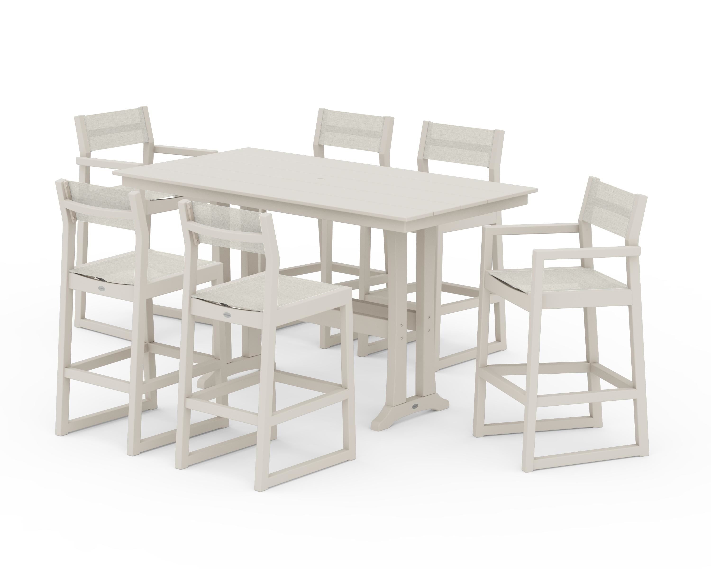 POLYWOOD EDGE Sling 7-Piece Farmhouse Bar Set with Trestle Legs in Sand / Parchment Sling