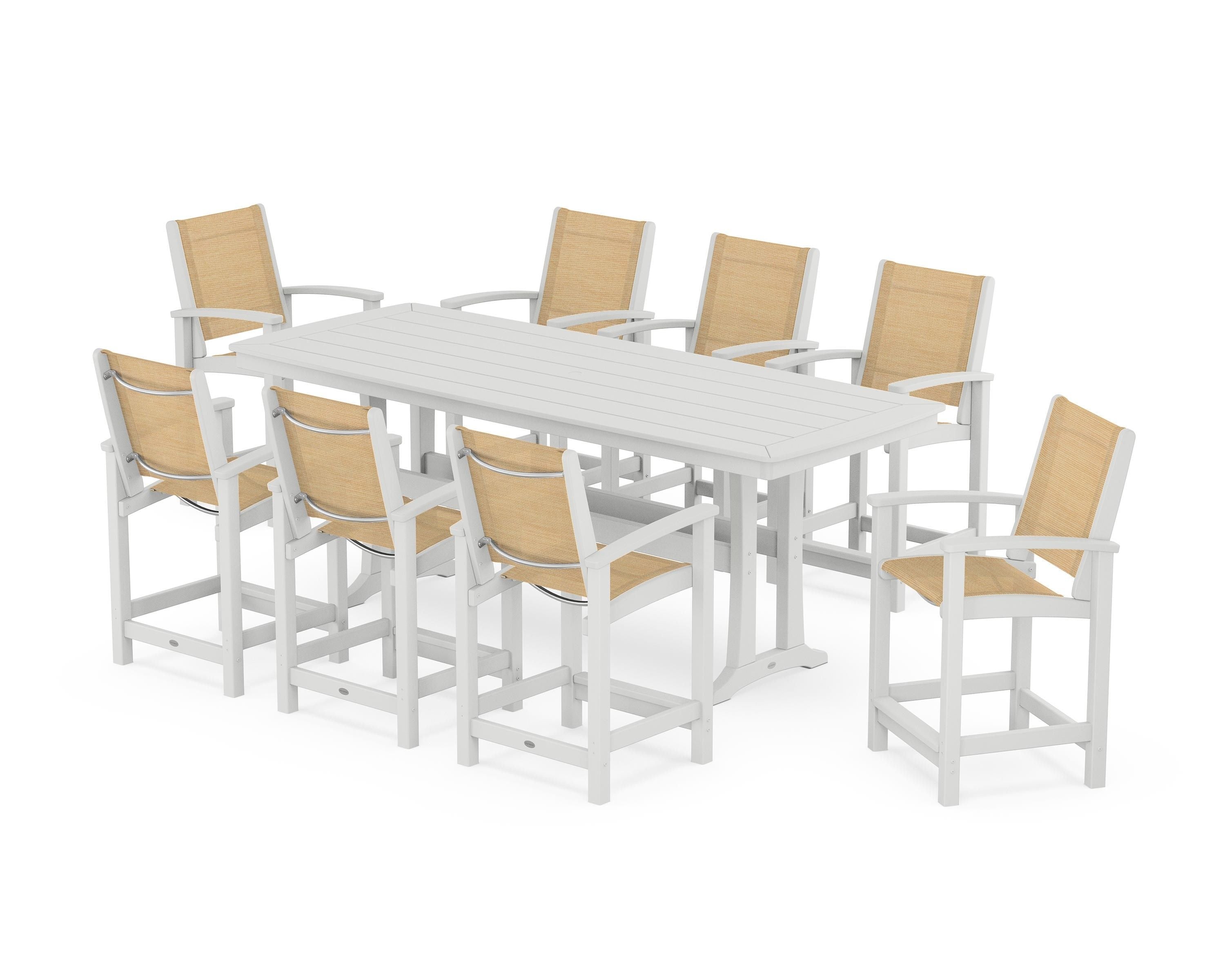 POLYWOOD Coastal 9-Piece Counter Set with Trestle Legs in White / Dupioni Apricot Sling