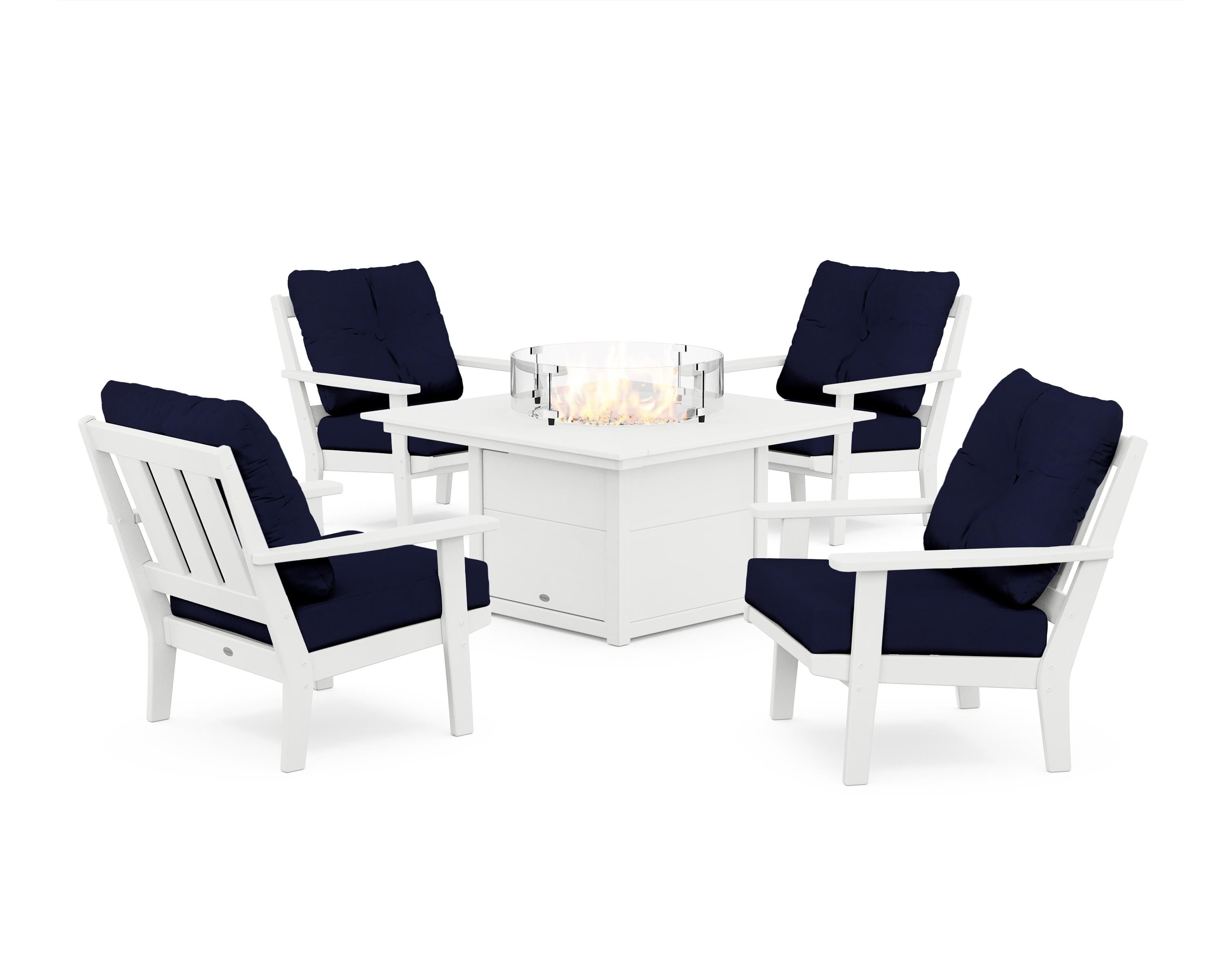 POLYWOOD Oxford 5-Piece Deep Seating Set with Fire Pit Table in White / Navy