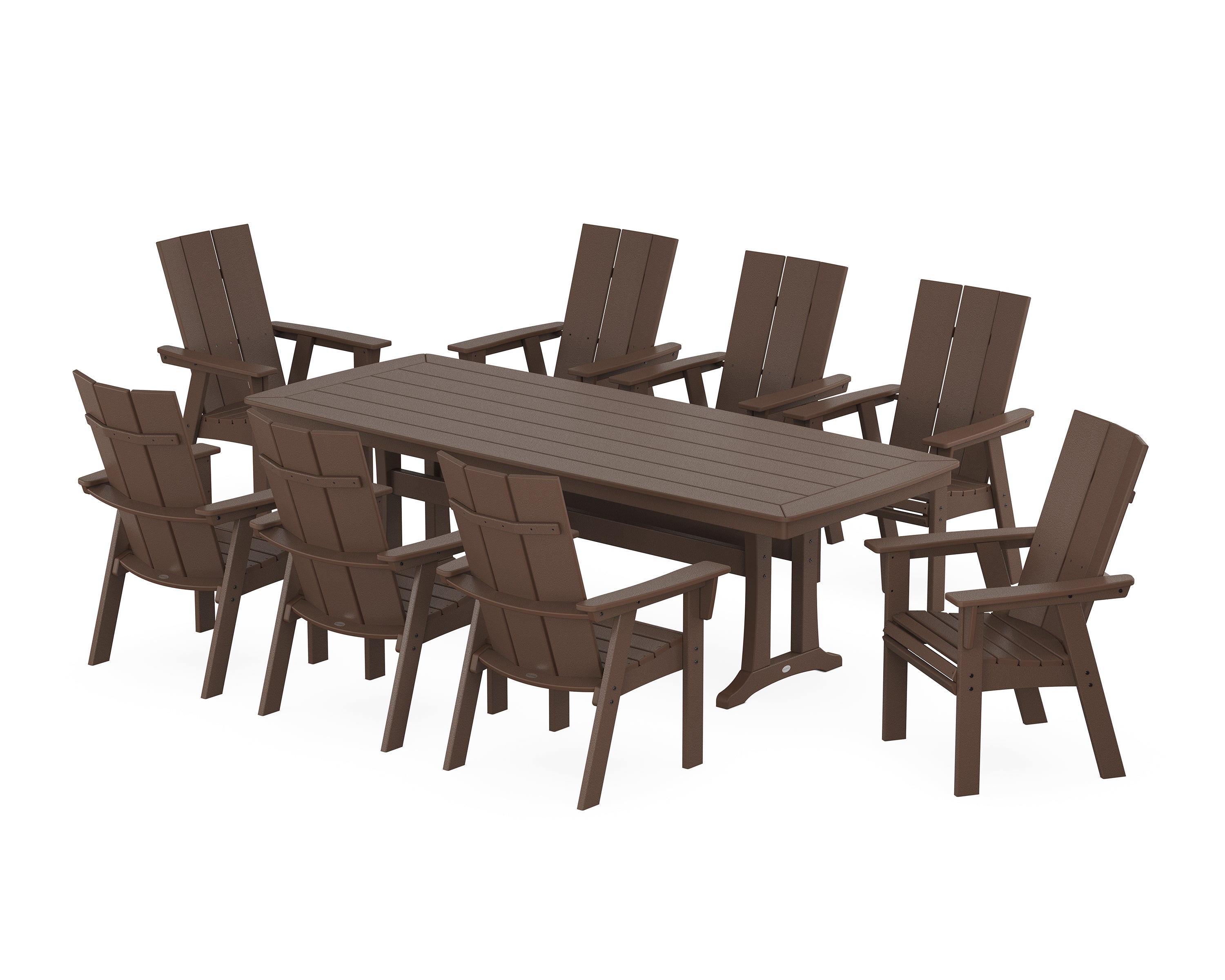 POLYWOOD® Modern Curveback Adirondack 9-Piece Dining Set with Trestle Legs in Mahogany