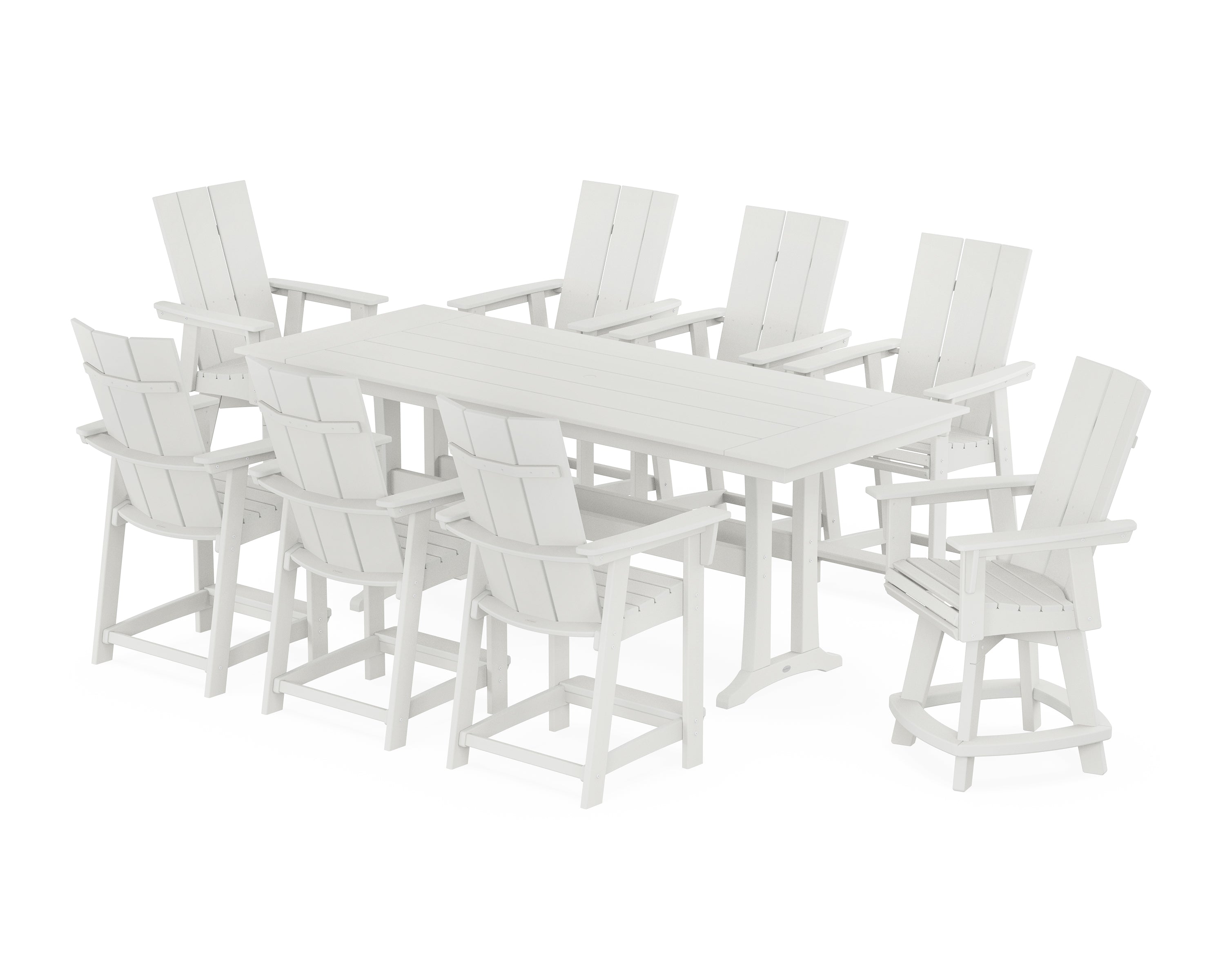 POLYWOOD® Modern Curveback Adirondack Swivel 9-Piece Farmhouse Counter Set with Trestle Legs in Vintage White