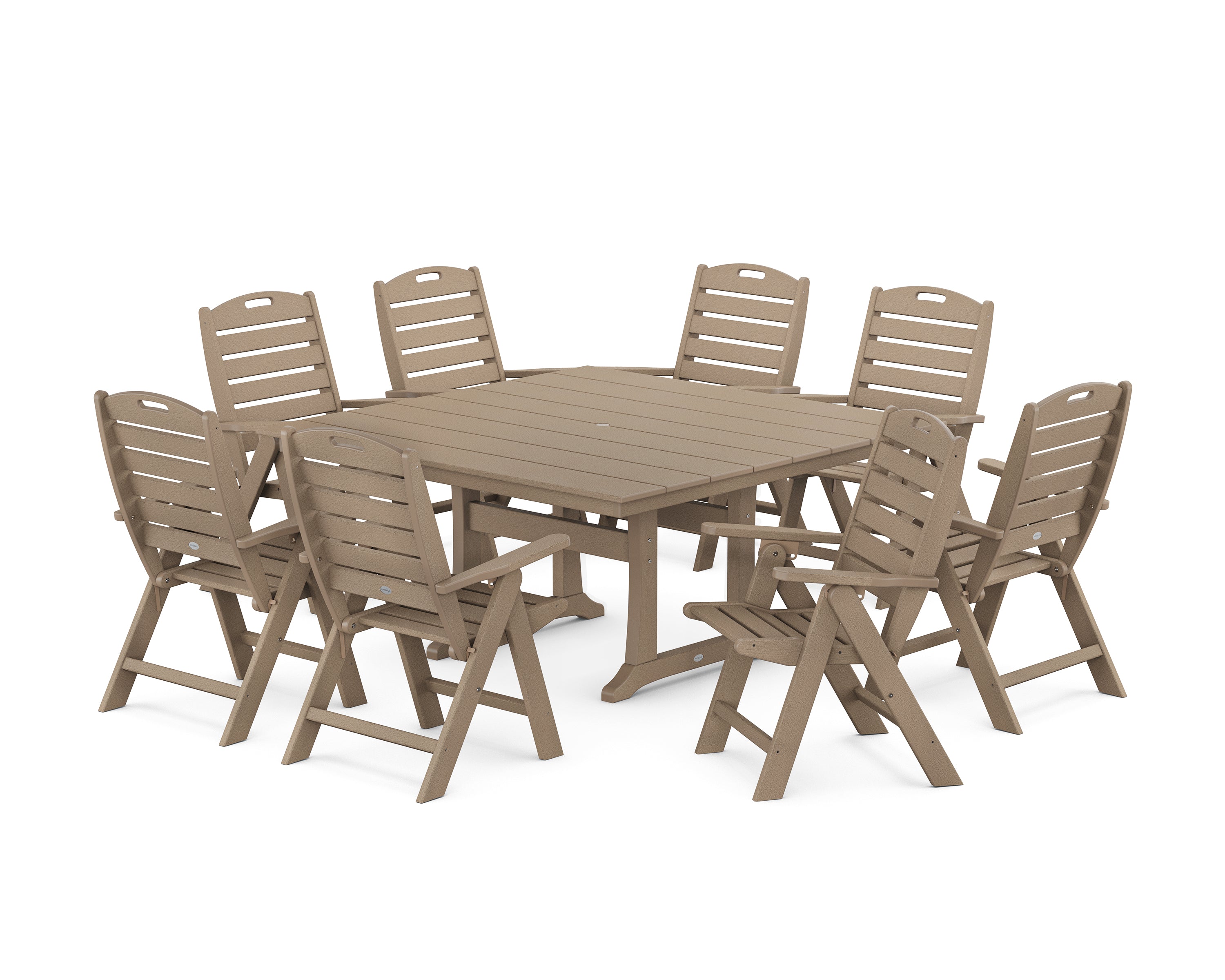 POLYWOOD Nautical Highback 9-Piece Square Farmhouse Dining Set with Trestle Legs in Vintage Sahara