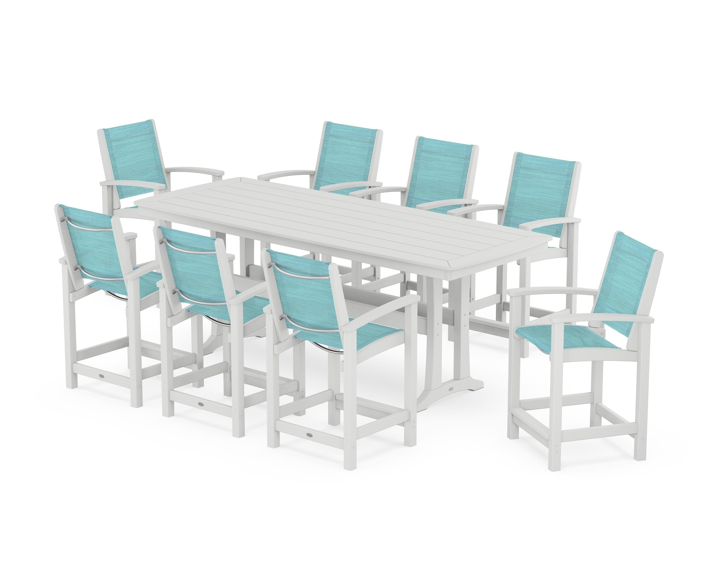 POLYWOOD Coastal 9-Piece Counter Set with Trestle Legs in White / Dupioni Aquamarine Sling