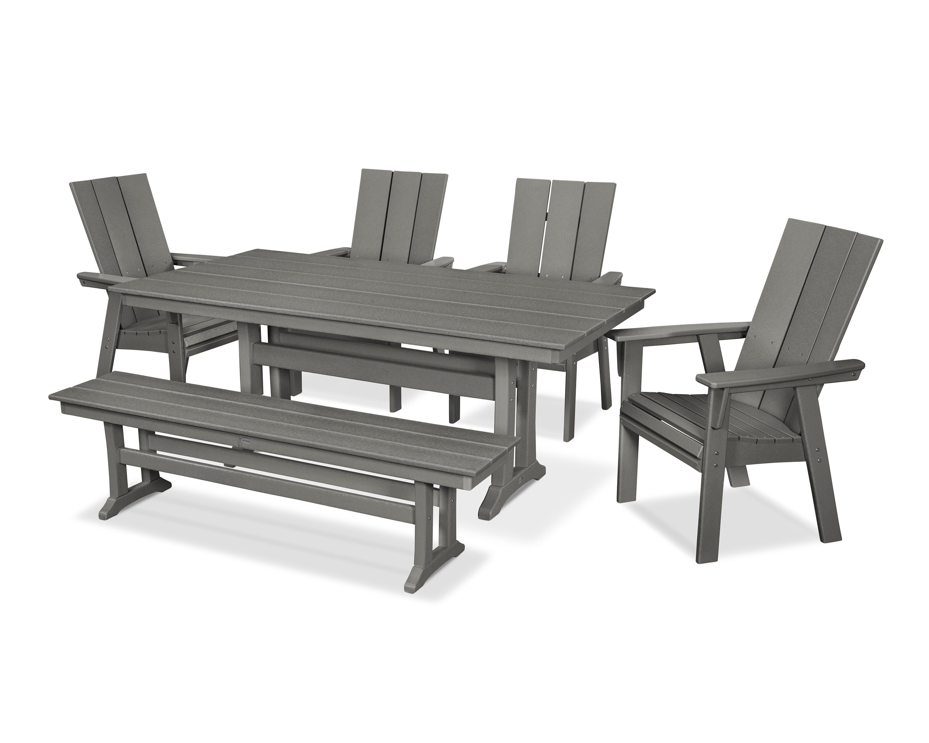 POLYWOOD® Modern Curveback Adirondack 6-Piece Farmhouse Dining Set with Trestle Legs and Bench in Slate Grey