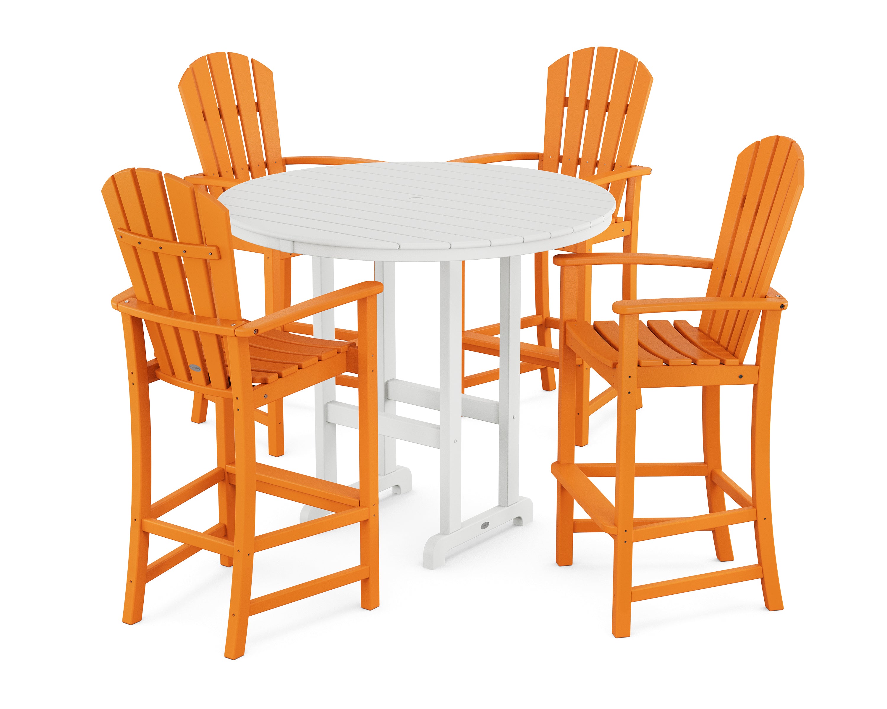 POLYWOOD® Palm Coast 5-Piece Round Farmhouse Bar Set in Tangerine / White