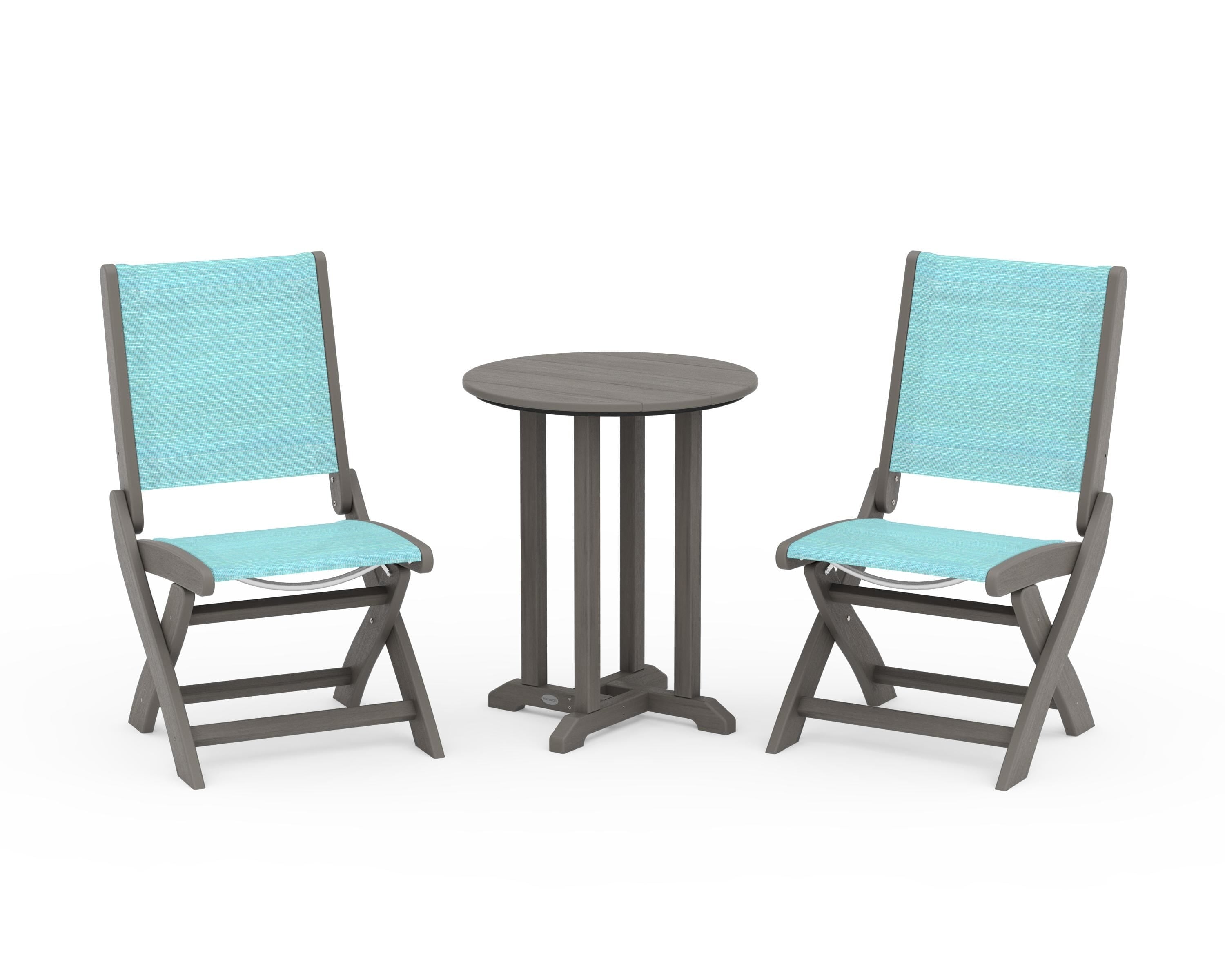 POLYWOOD Coastal Folding Side Chair 3-Piece Round Bistro Dining Set in Driftwood / Dupioni Aquamarine Sling