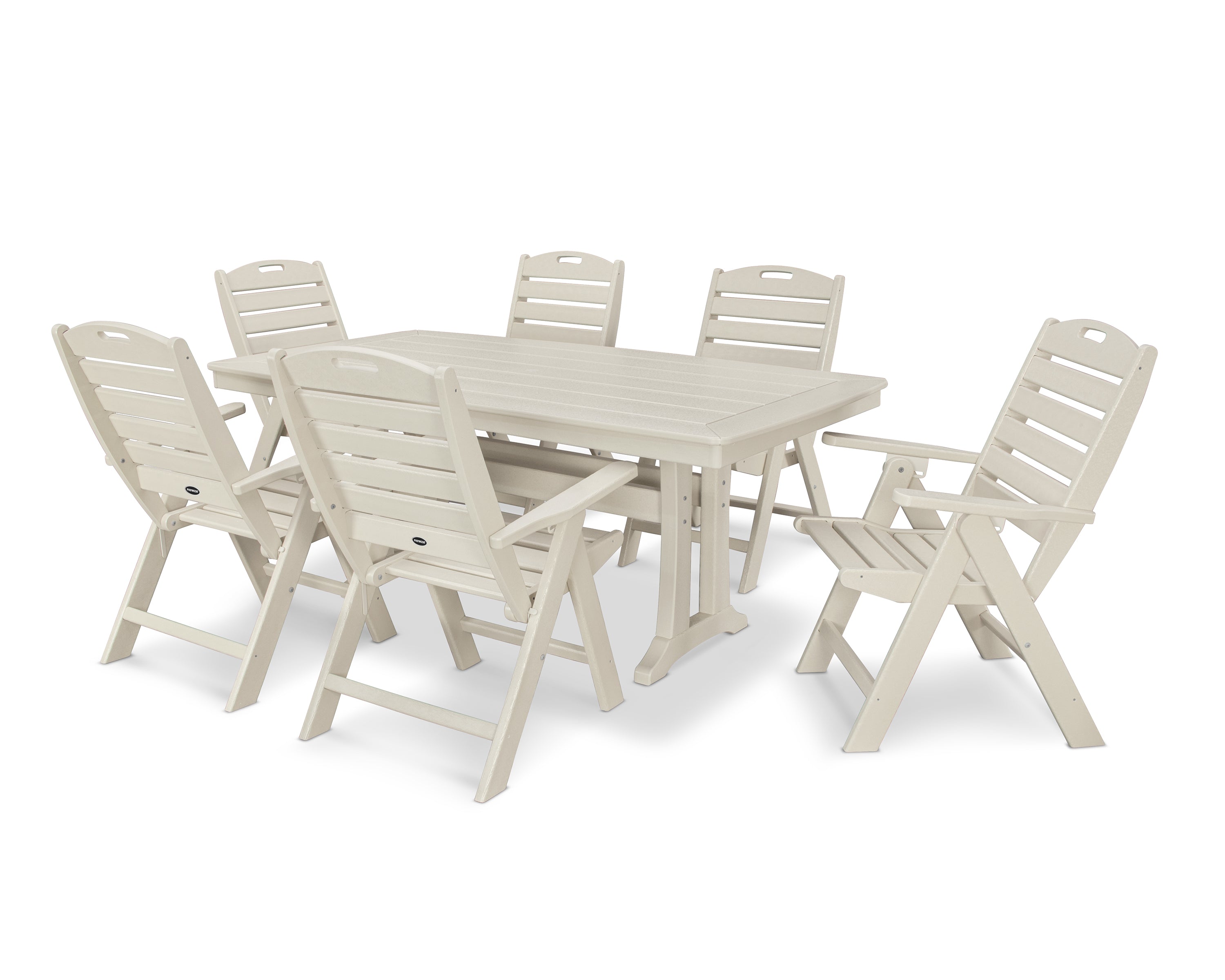 POLYWOOD Nautical Folding Highback Chair 7-Piece Dining Set with Trestle Legs in Sand