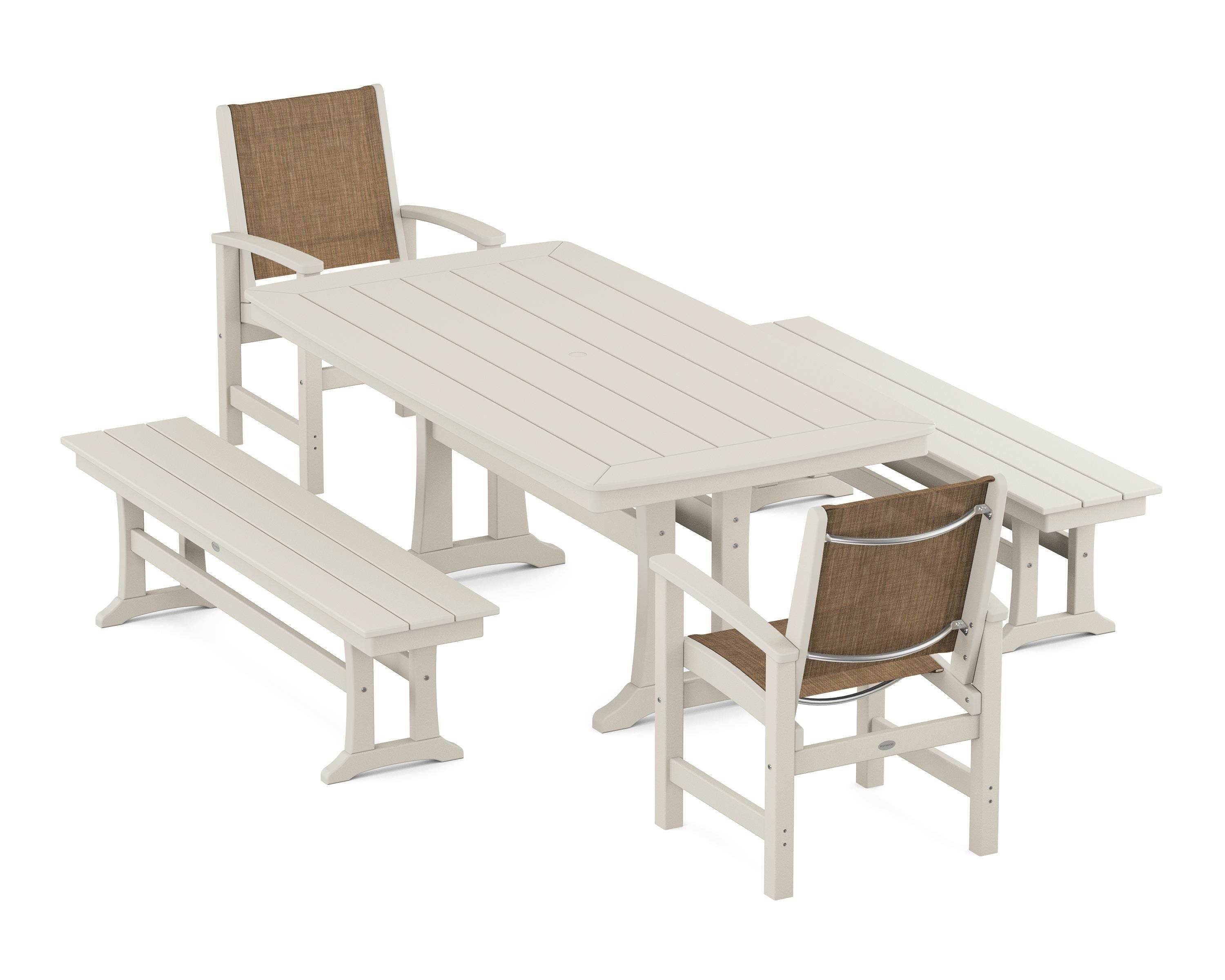 POLYWOOD Coastal 5-Piece Dining Set with Trestle Legs and Benches in Sand / Burlap Sling