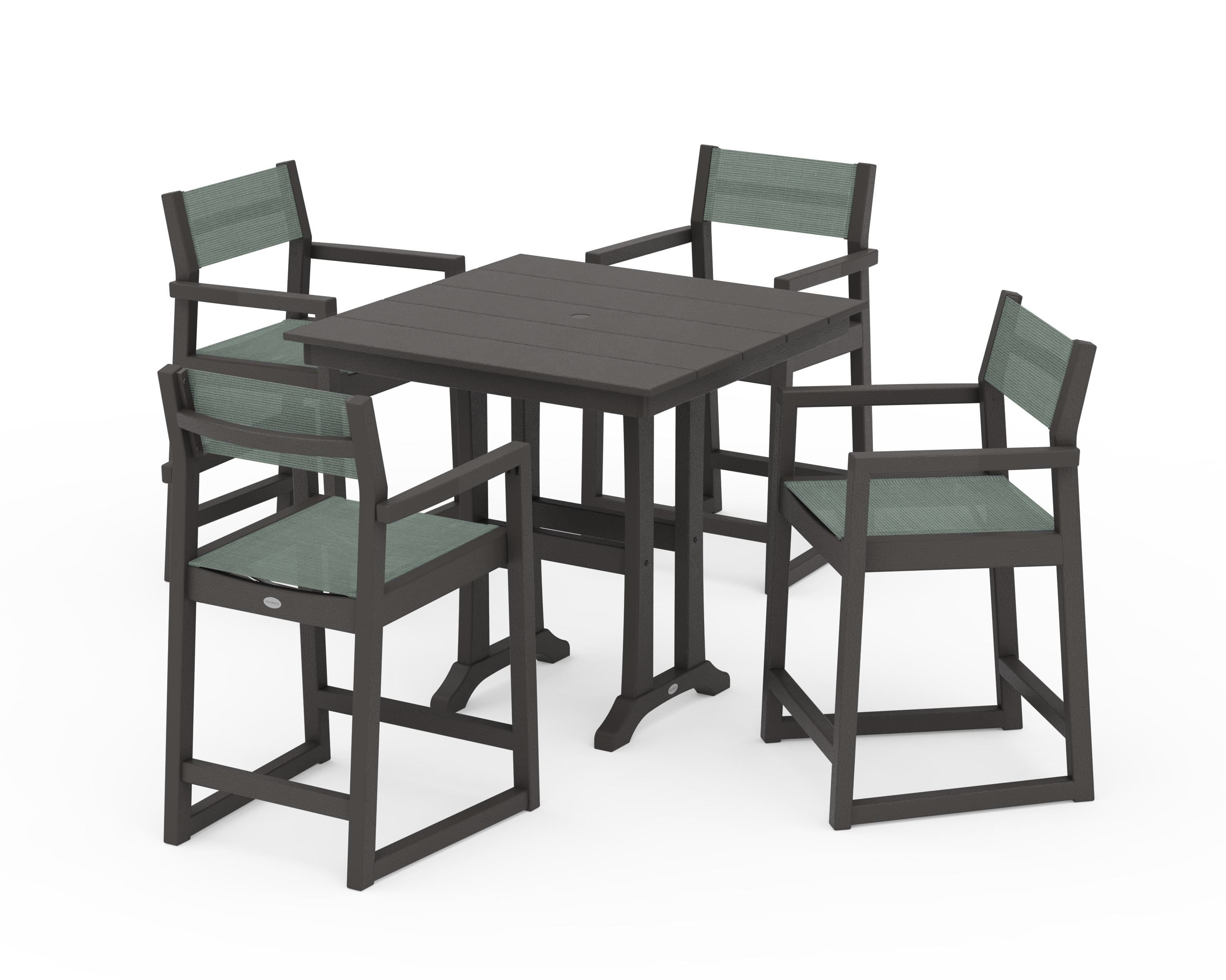 POLYWOOD EDGE Sling Arm Chair 5-Piece Farmhouse Counter Set with Trestle Legs in Vintage Coffee / Dupioni Sea Mist Sling