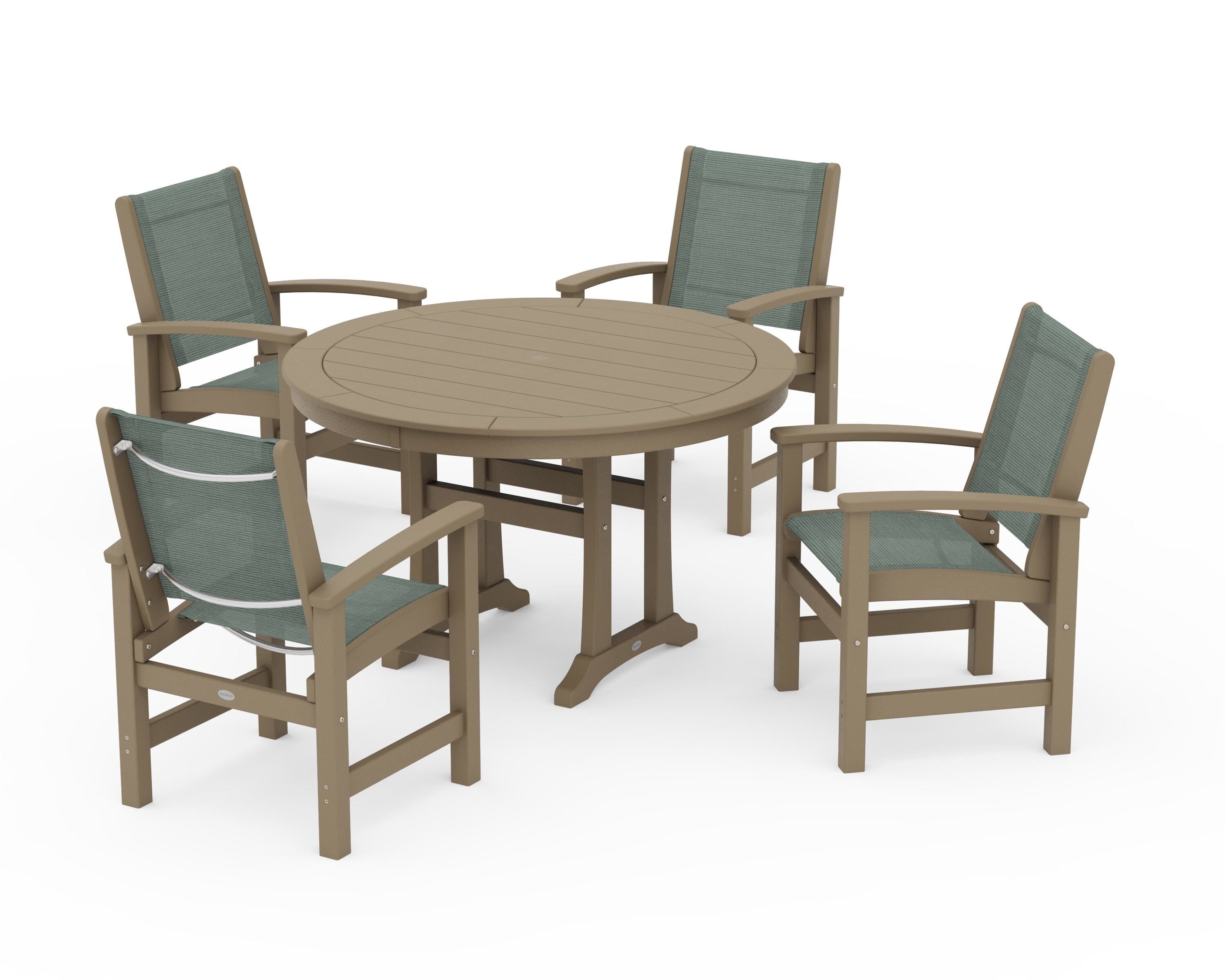 POLYWOOD Coastal 5-Piece Round Dining Set with Trestle Legs in Vintage Sahara / Dupioni Sea Mist Sling