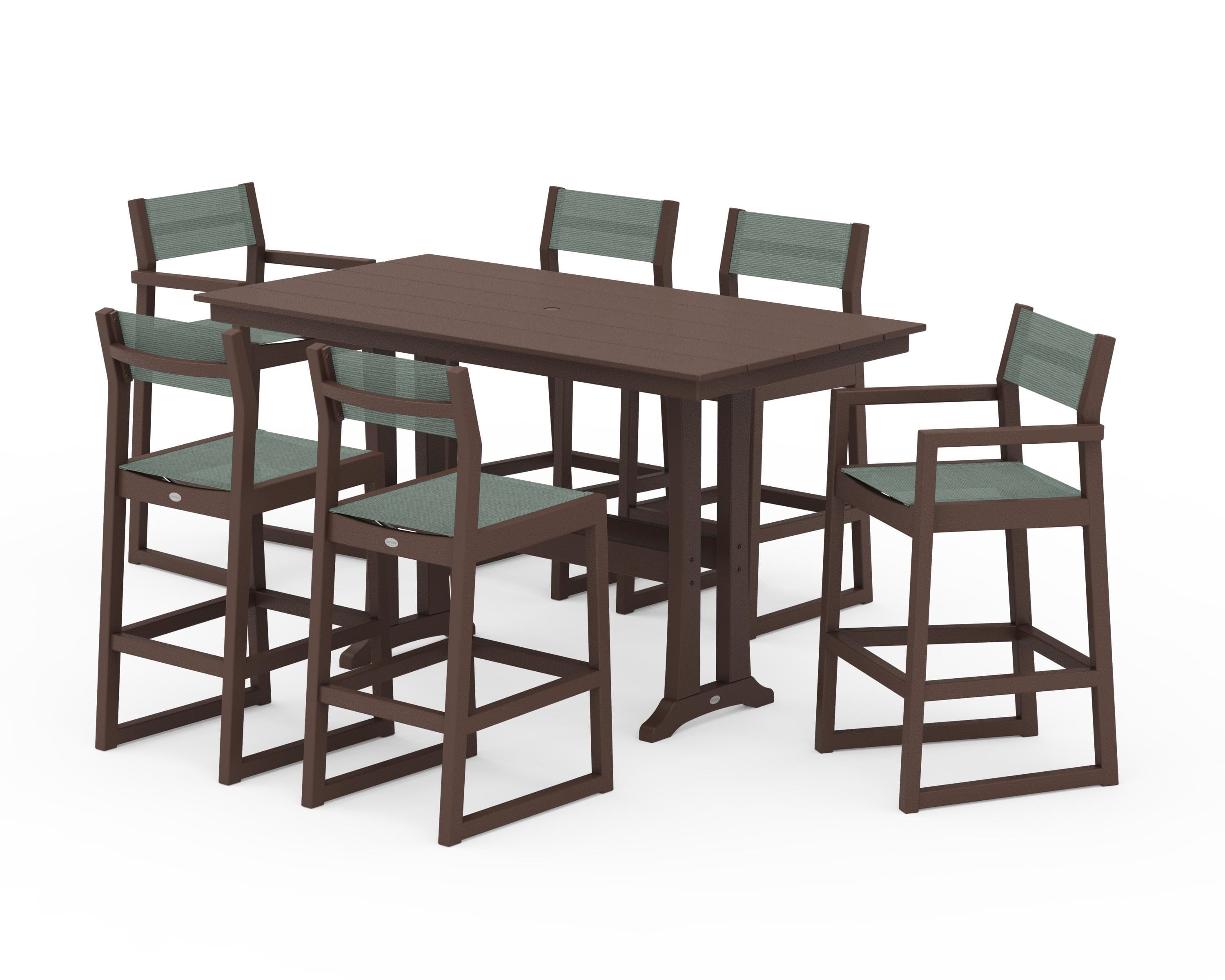 POLYWOOD EDGE Sling 7-Piece Farmhouse Bar Set with Trestle Legs in Mahogany / Dupioni Sea Mist Sling