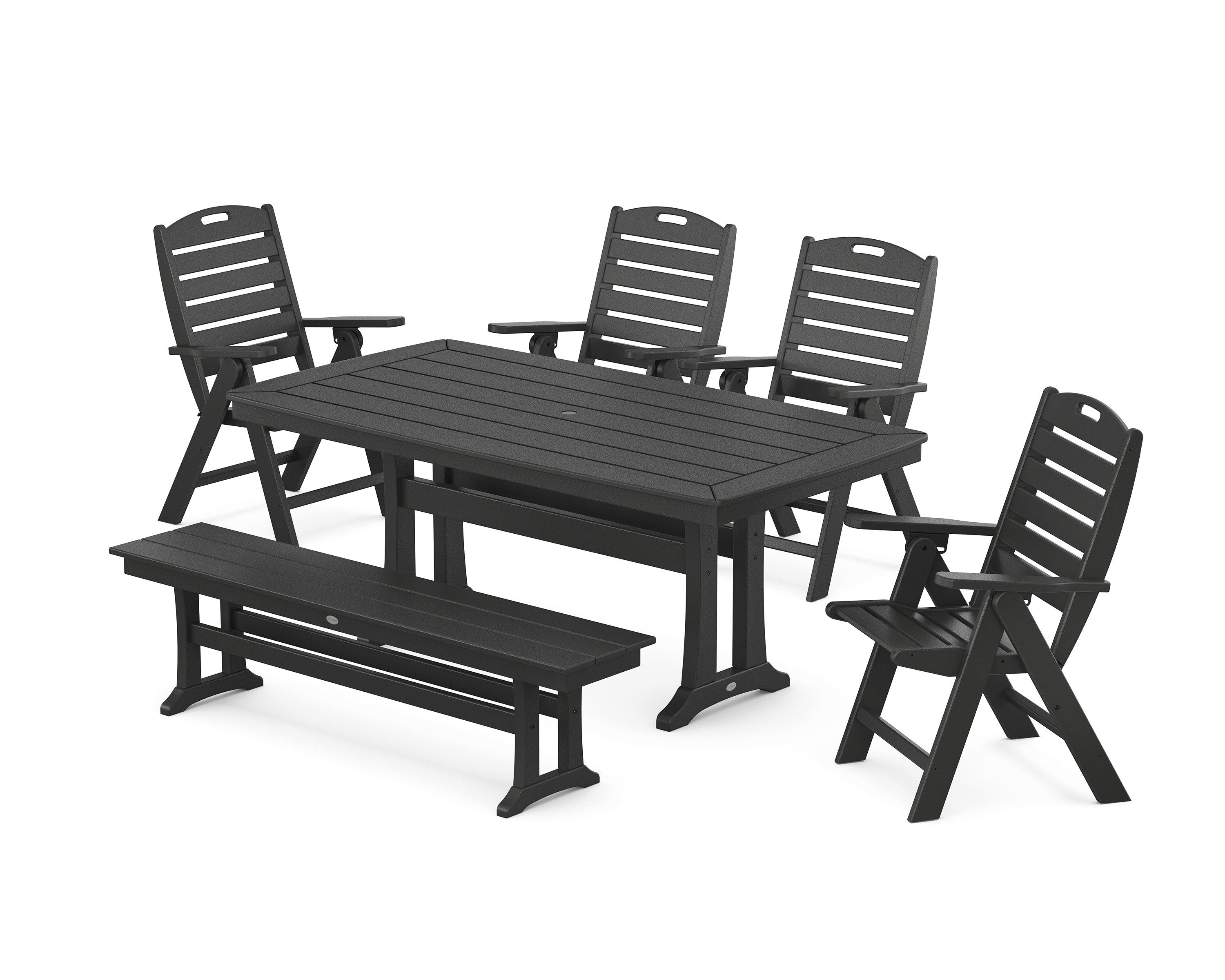 POLYWOOD Nautical Highback 6-Piece Dining Set with Trestle Legs and Bench in Black