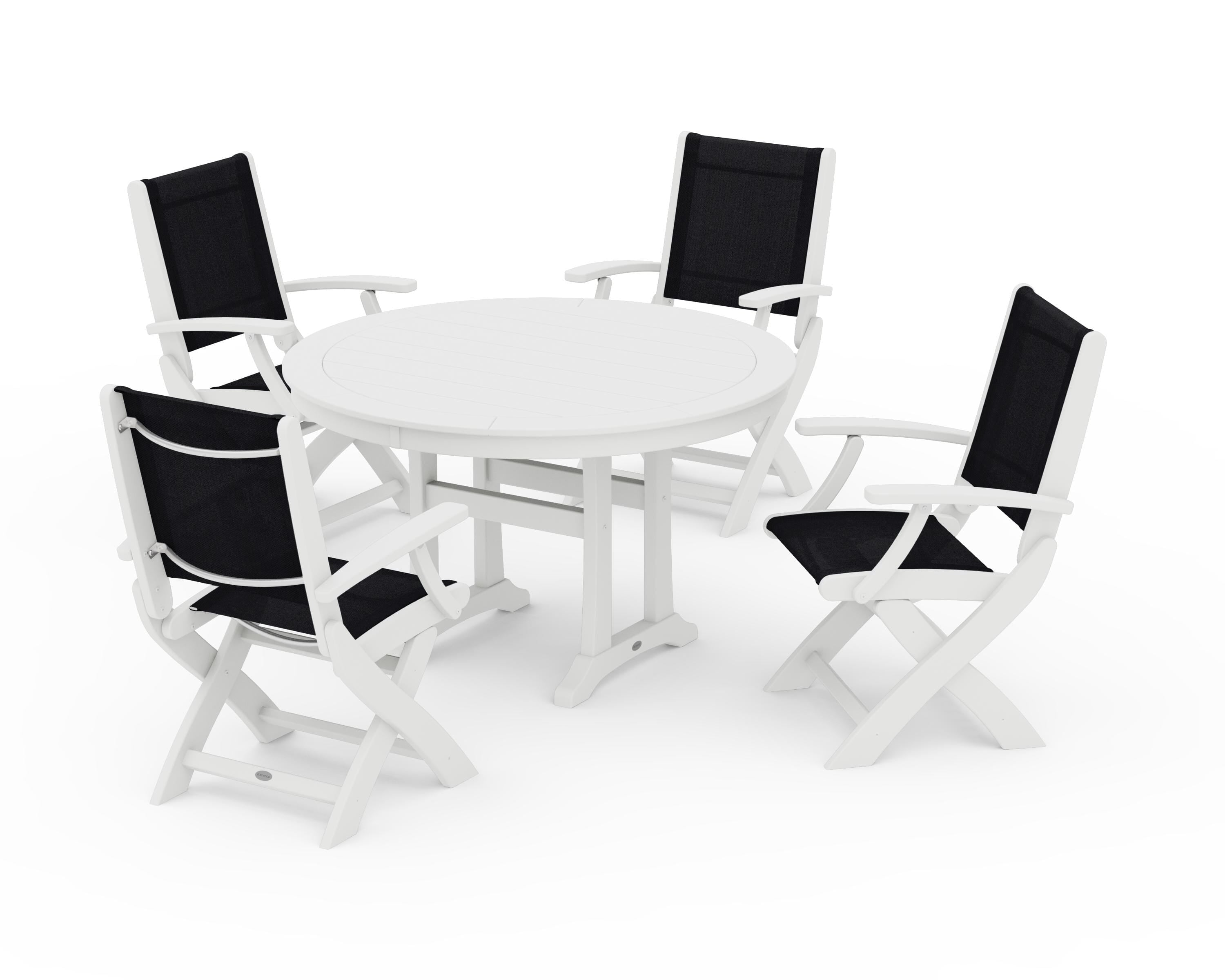 POLYWOOD Coastal Folding Chair 5-Piece Round Dining Set with Trestle Legs in White / Black Sling
