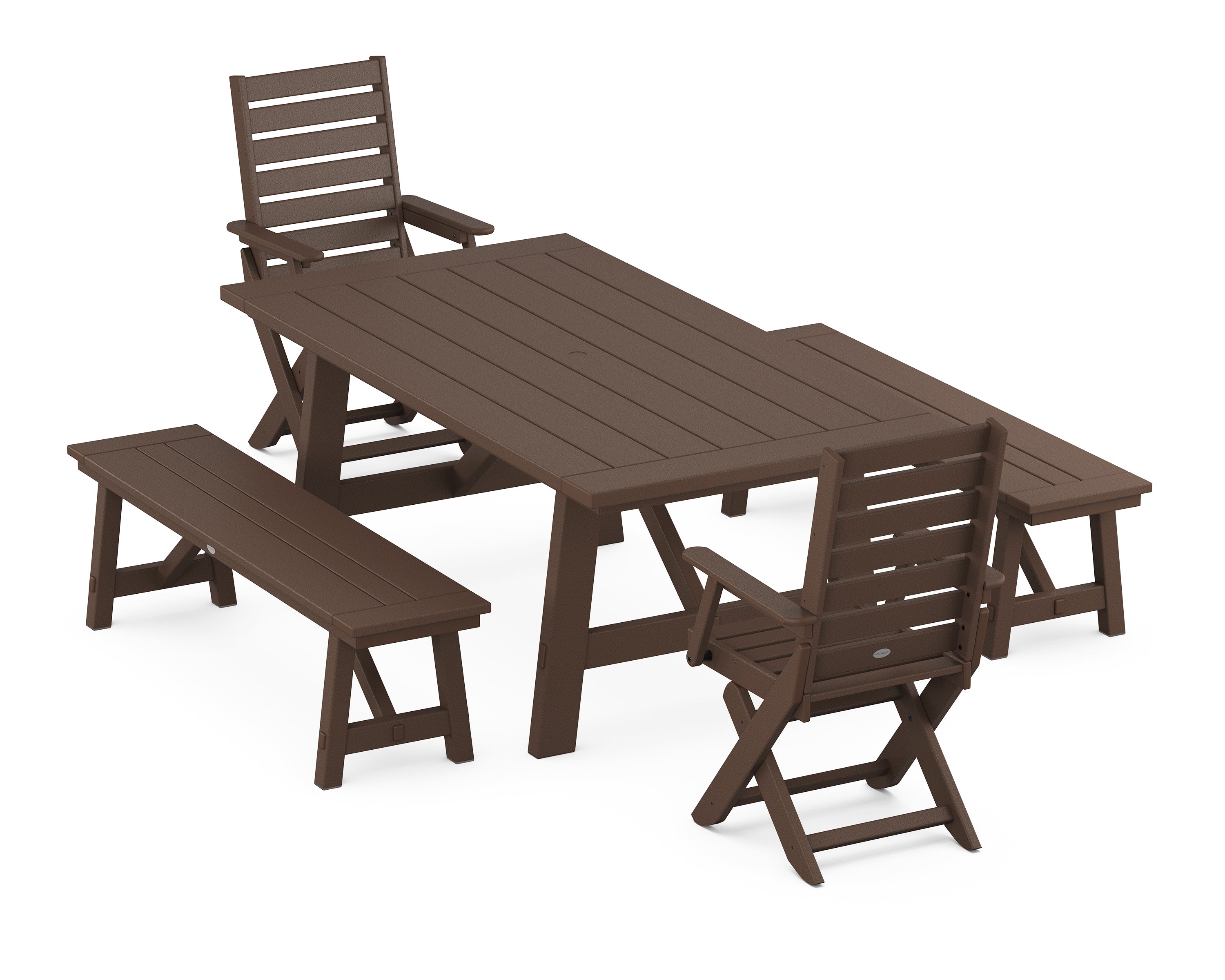 POLYWOOD Captain Folding Chair 5-Piece Rustic Farmhouse Dining Set With Benches in Mahogany