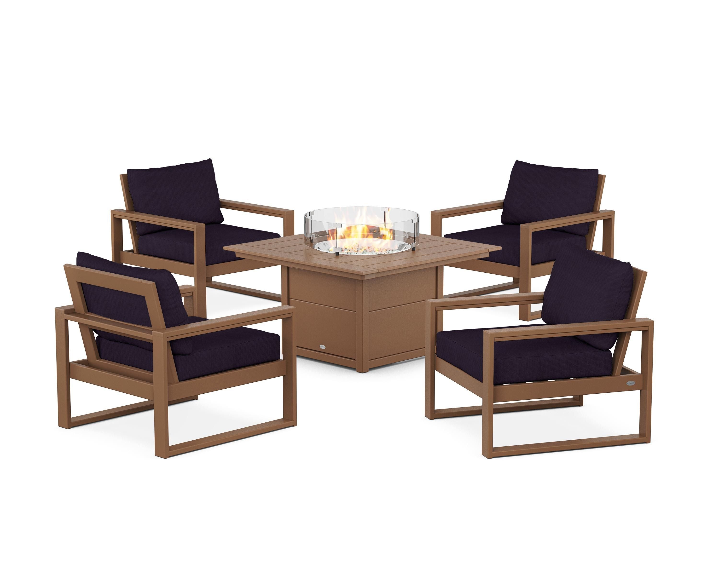 POLYWOOD EDGE Sectional 5-Piece Deep Seating Set with Fire Pit Table in Teak / Navy Linen