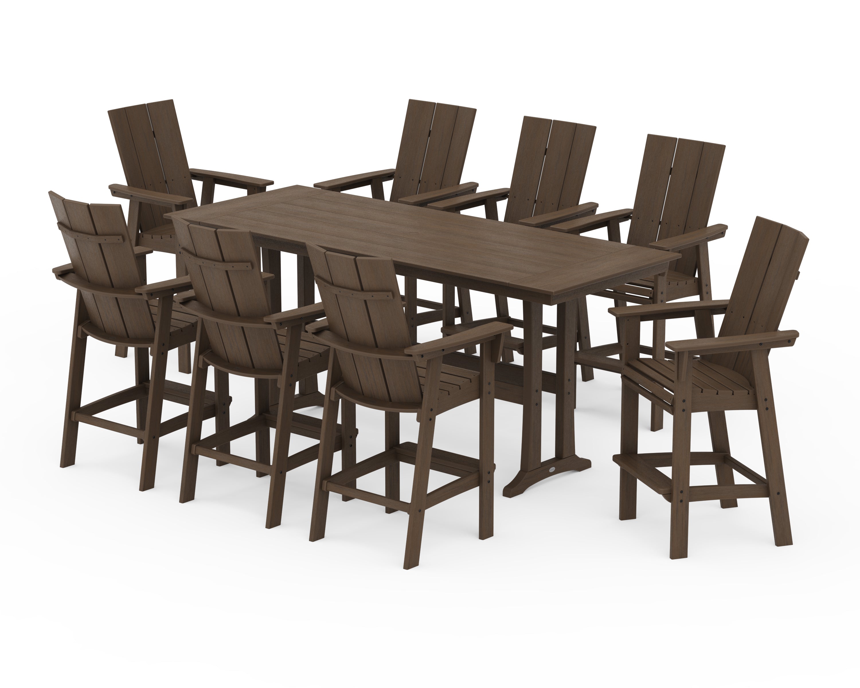POLYWOOD Modern Curveback Adirondack 9-Piece Farmhouse Bar Set with Trestle Legs in Kona