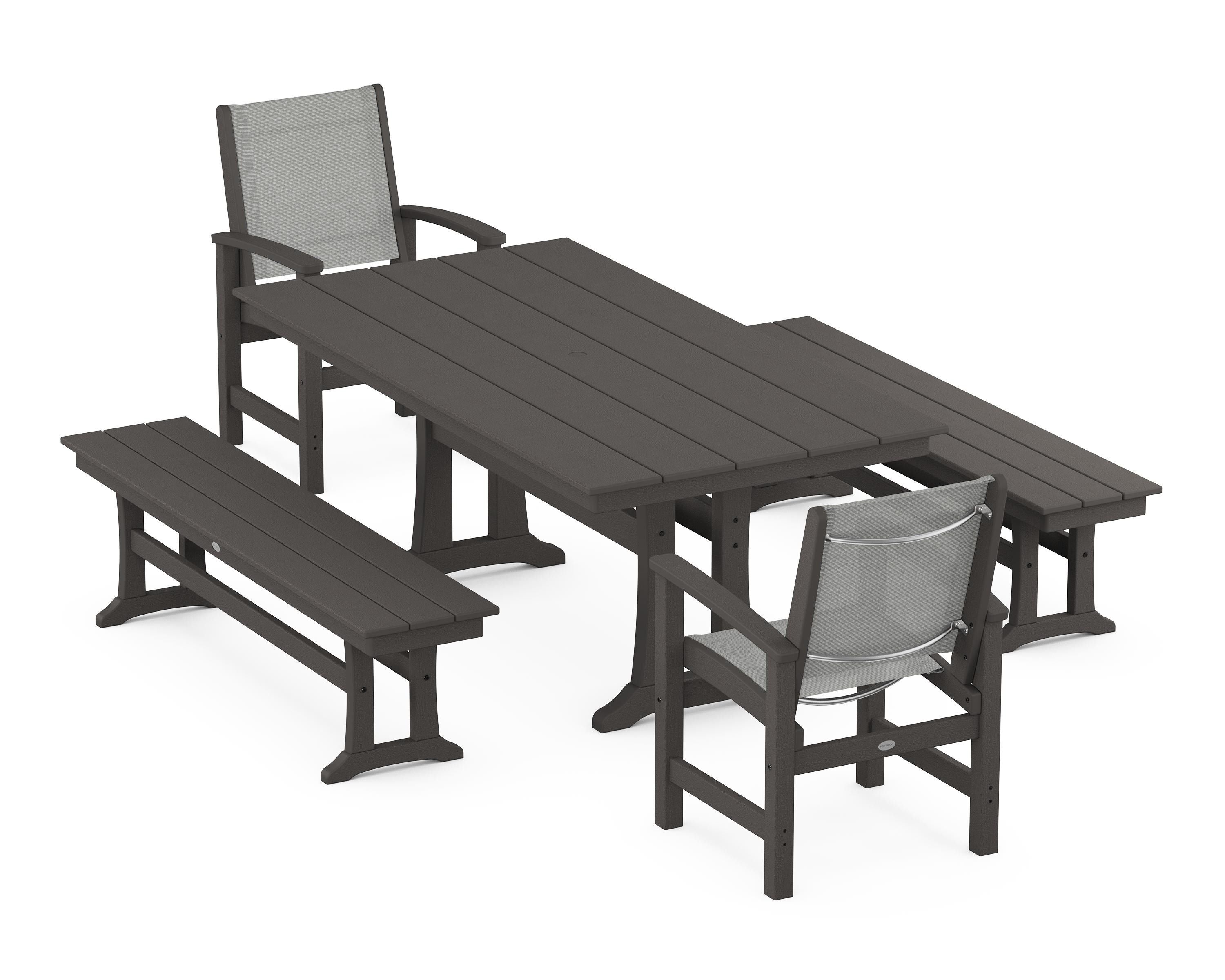 POLYWOOD Coastal 5-Piece Farmhouse Dining Set with Trestle Legs and Benches in Vintage Coffee / Metallic Sling