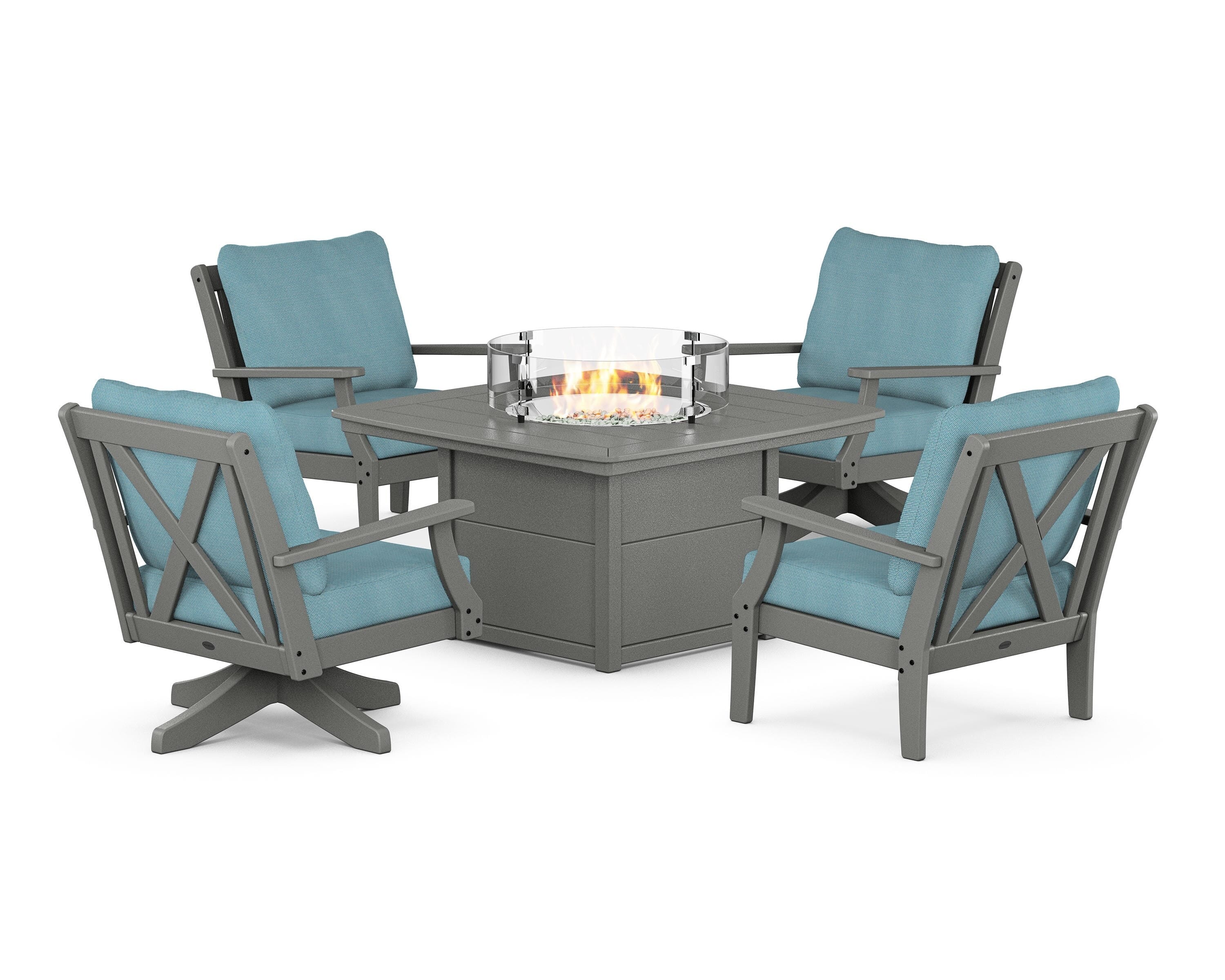 POLYWOOD Braxton 5-Piece Deep Seating Set with Fire Table in Slate Grey / Lattice Sky Blue
