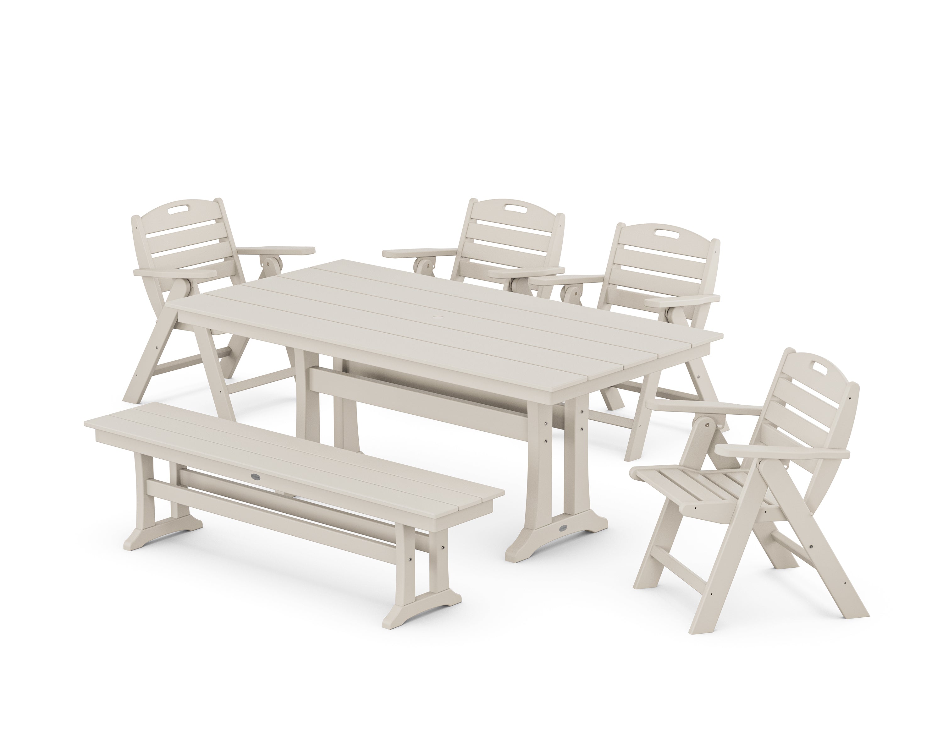 POLYWOOD Nautical Lowback 6-Piece Farmhouse Dining Set with Trestle Legs and Bench in Sand