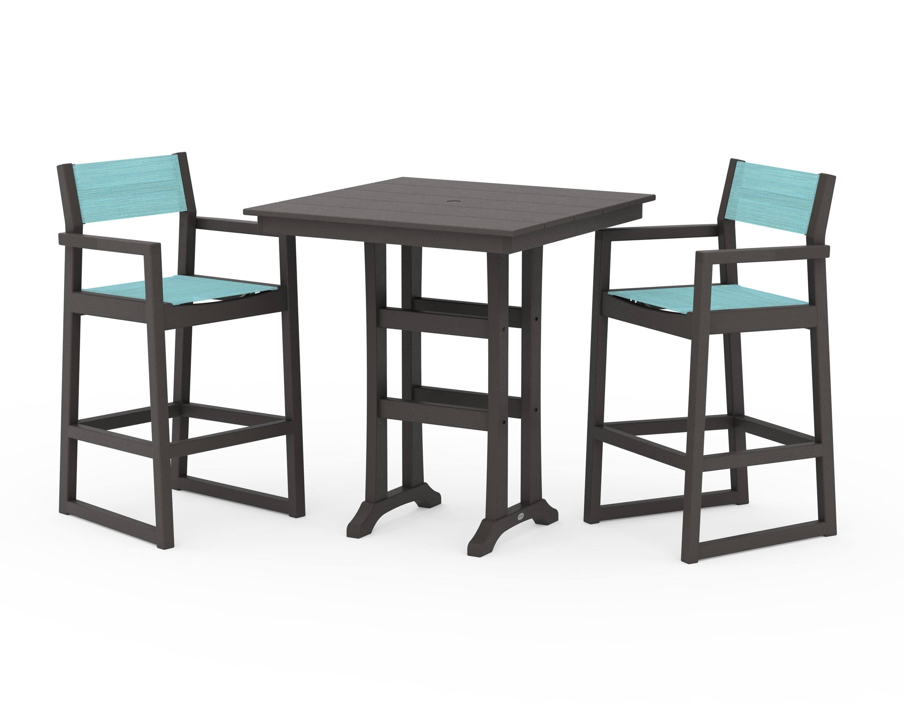 POLYWOOD EDGE Sling Arm Chair 3-Piece Farmhouse Bar Set with Trestle Legs in Vintage Coffee / Dupioni Aquamarine Sling