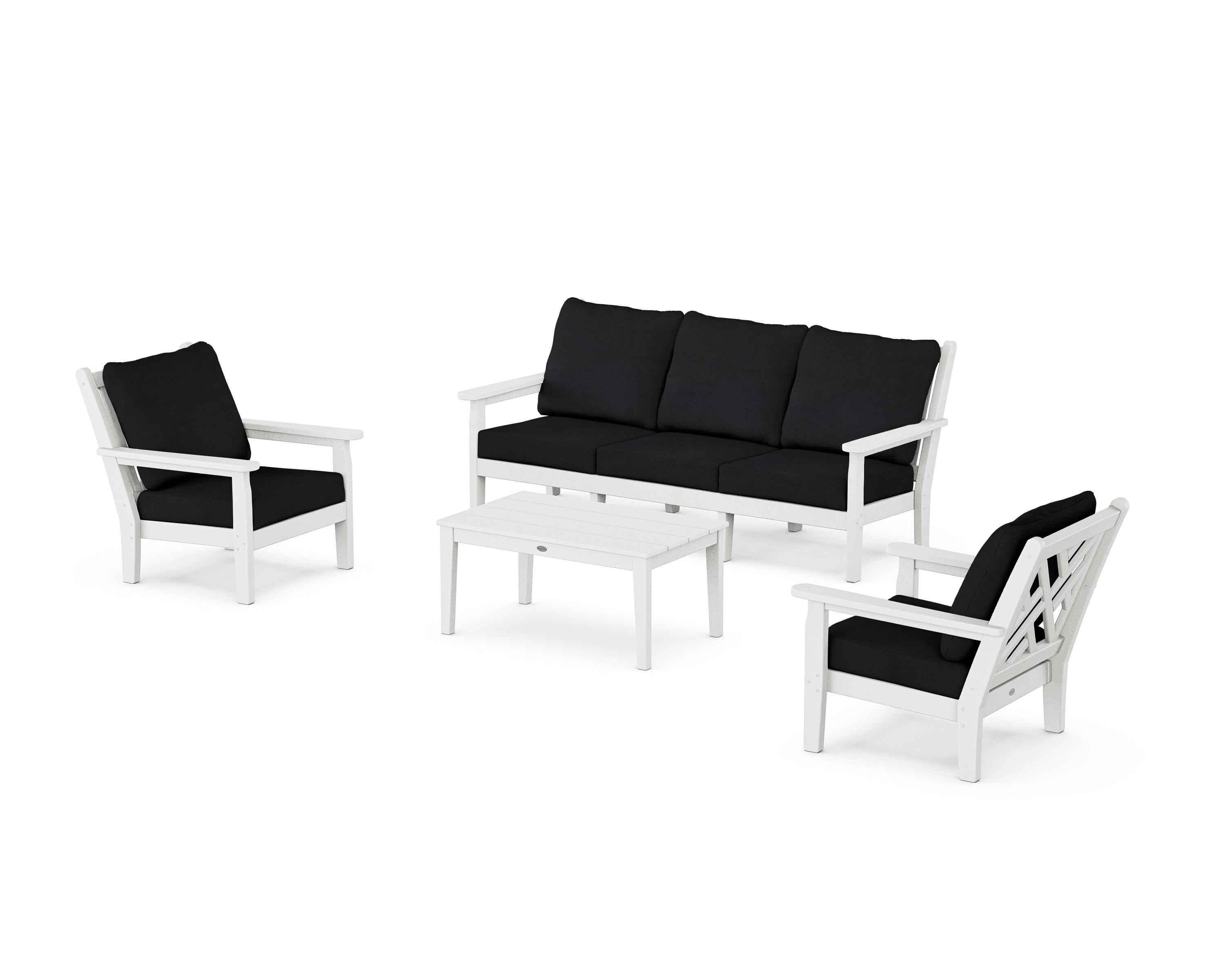 POLYWOOD Chippendale 4-Piece Deep Seating Set with Sofa in White / Midnight Linen