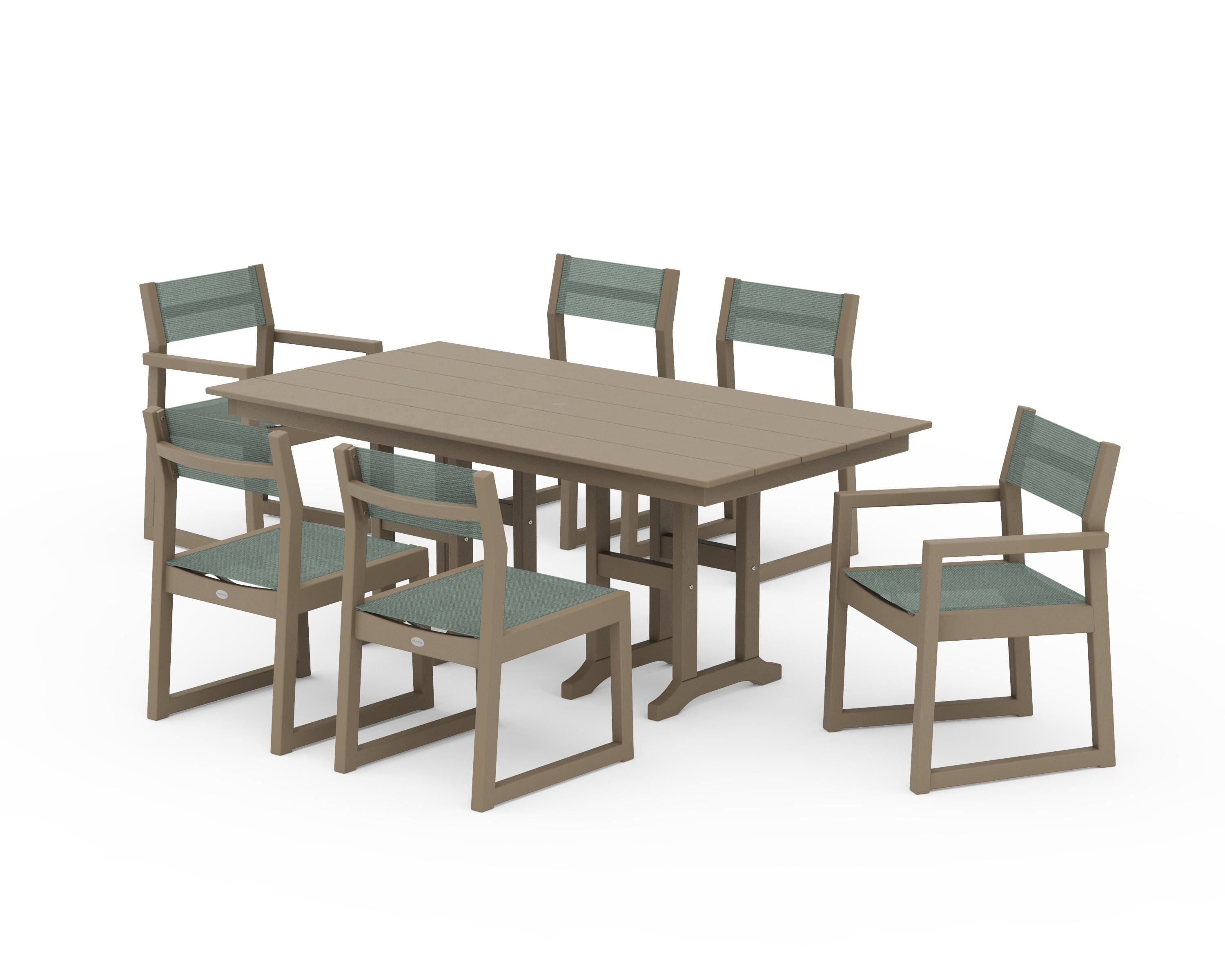 POLYWOOD EDGE Sling 7-Piece Farmhouse Dining Set in Vintage Sahara / Dupioni Sea Mist Sling