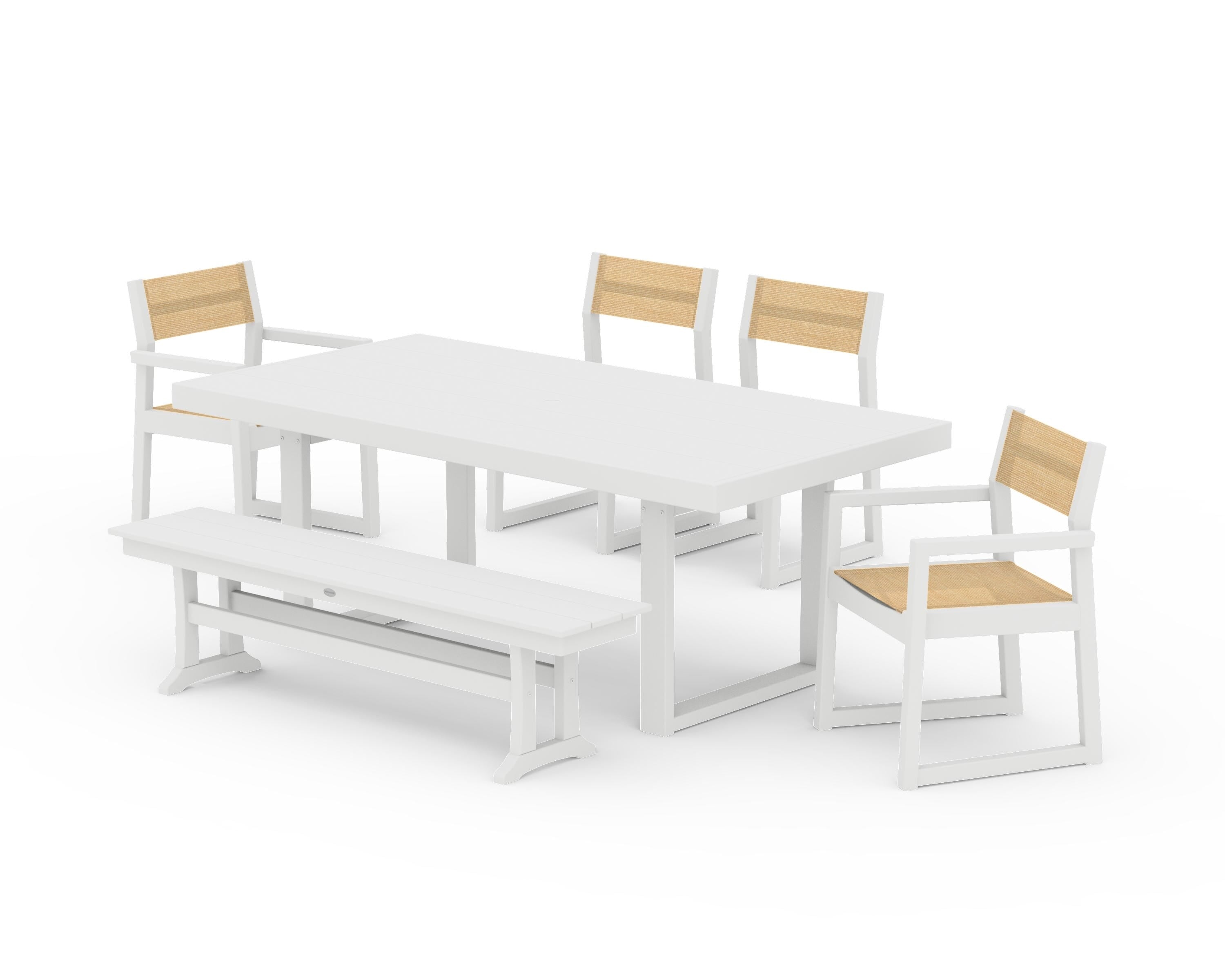 POLYWOOD EDGE Sling 6-Piece Dining Set with Bench in White / Dupioni Apricot Sling