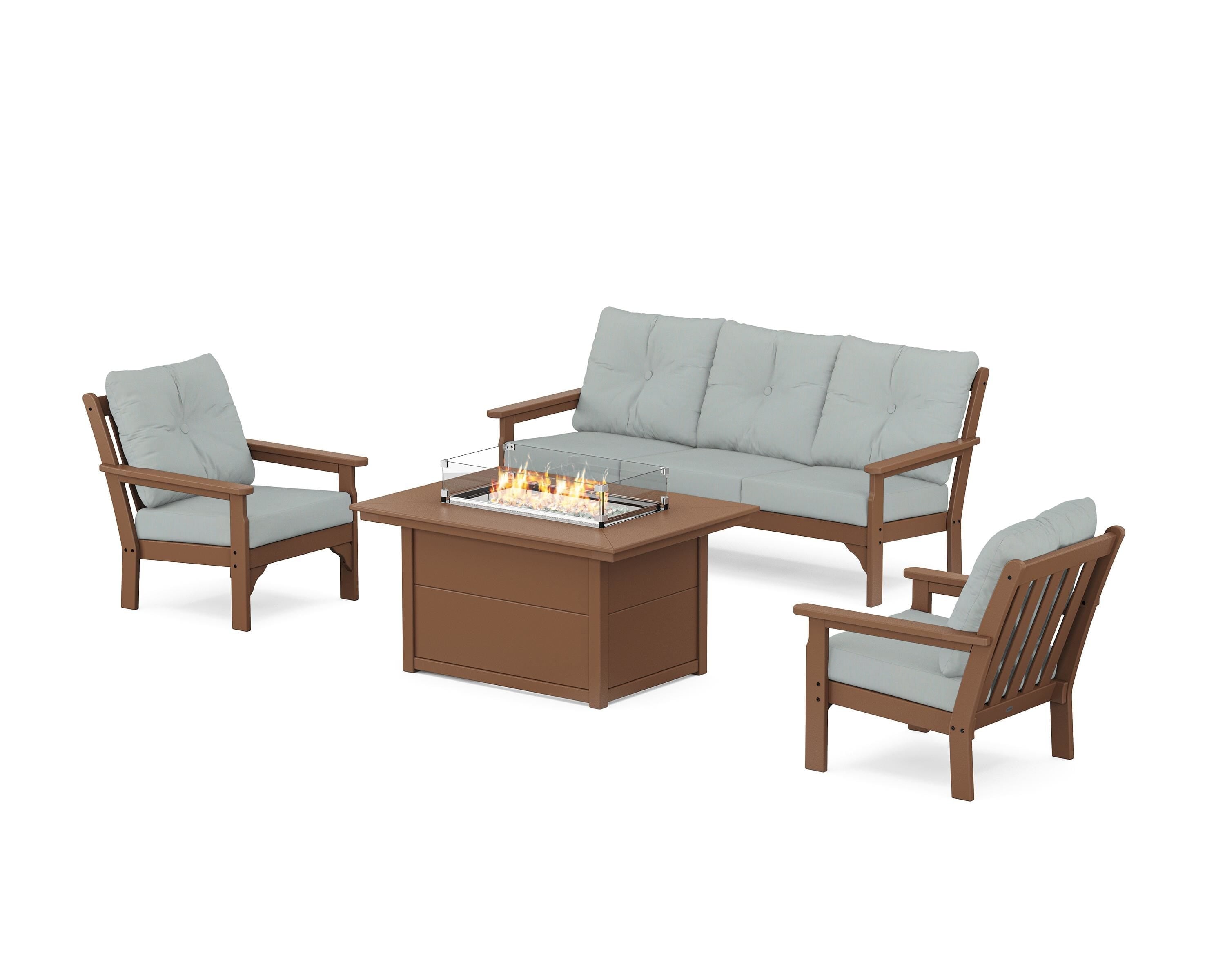 POLYWOOD Vineyard Deep Seating Fire Pit Table Set in Teak / Spa