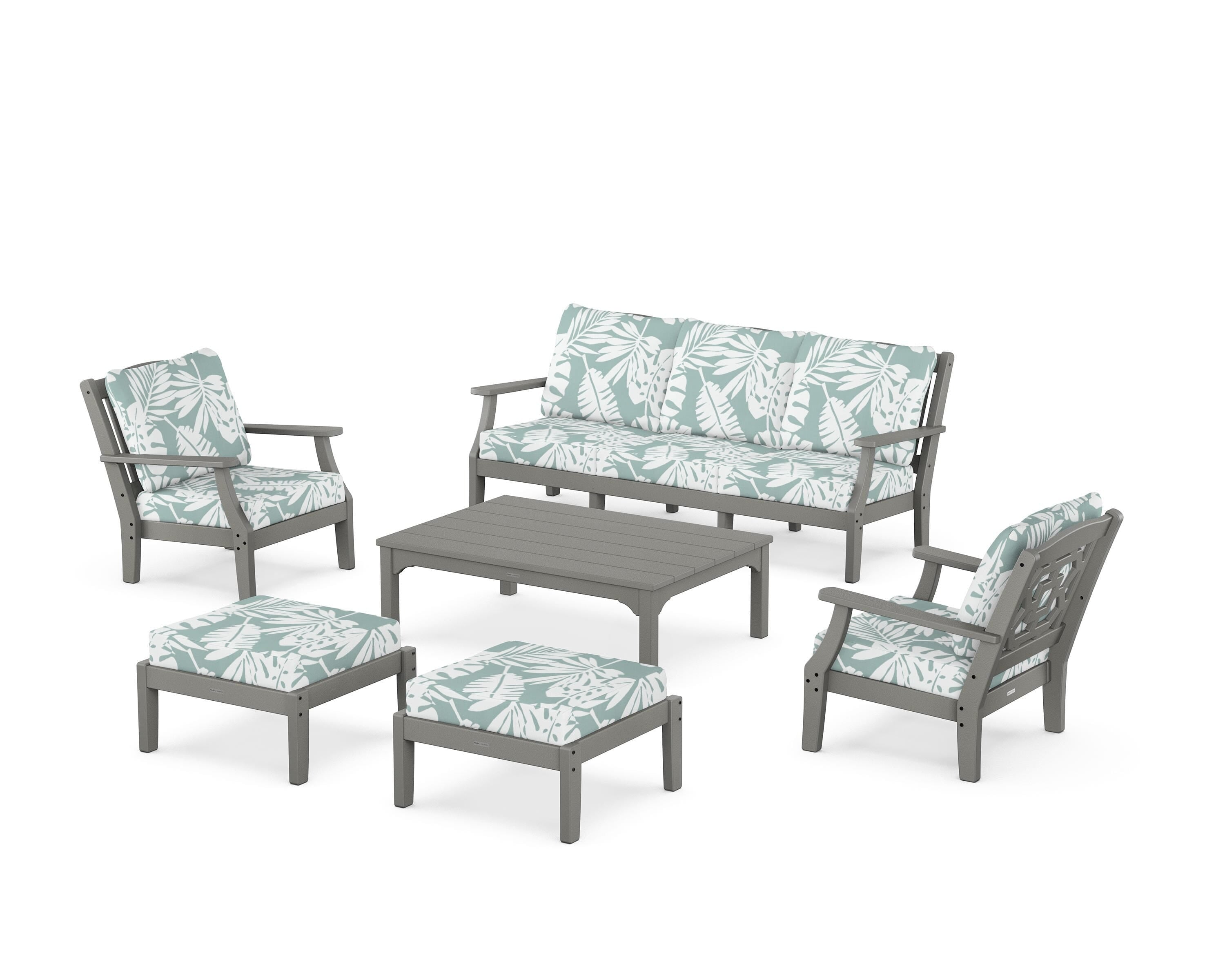 Martha Stewart by POLYWOOD Chinoiserie 6-Piece Lounge Sofa Set in Slate Grey / Leaf Glacier Spa