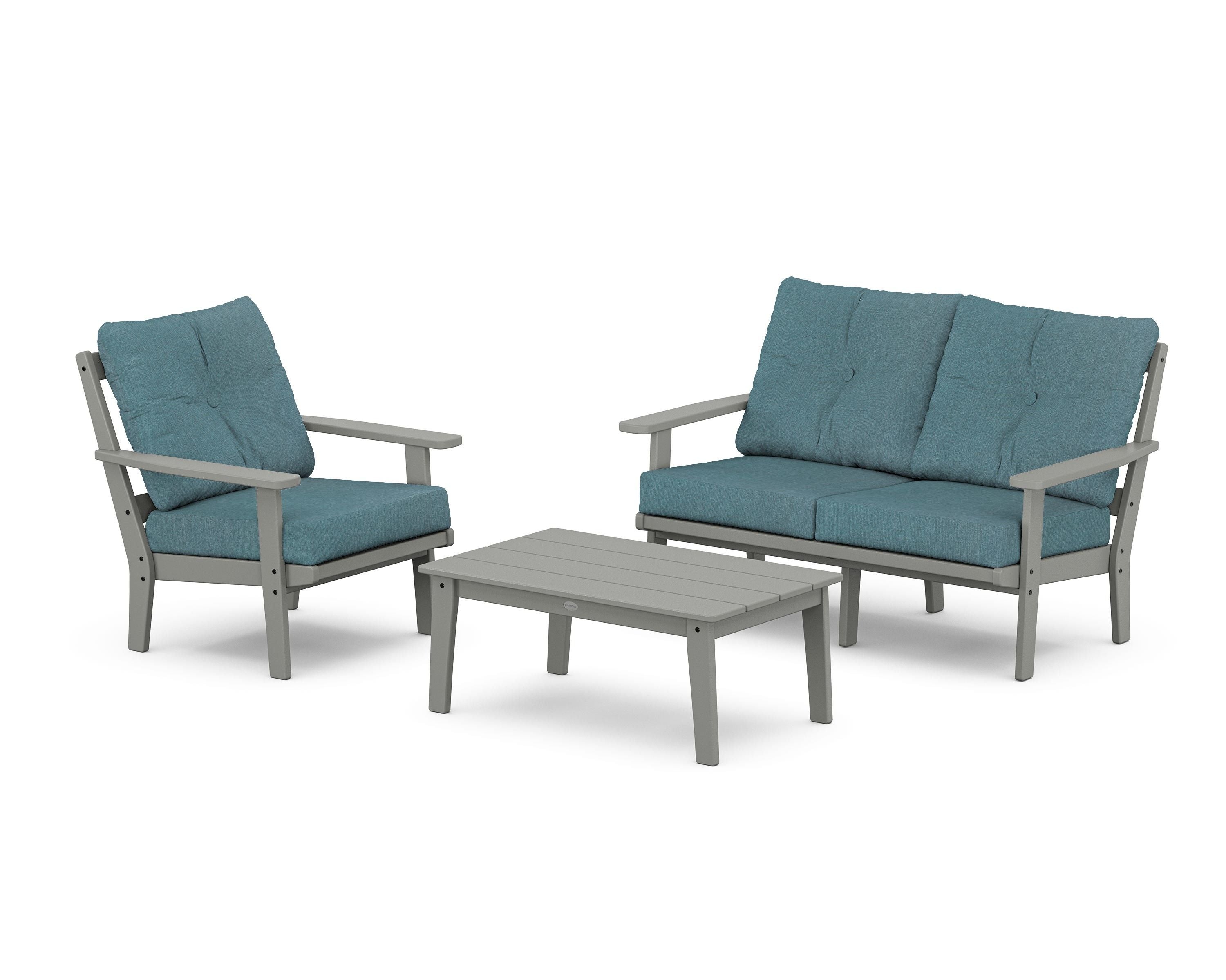 POLYWOOD Oxford 3-Piece Deep Seating Set with Loveseat in Slate Grey / Ocean Teal