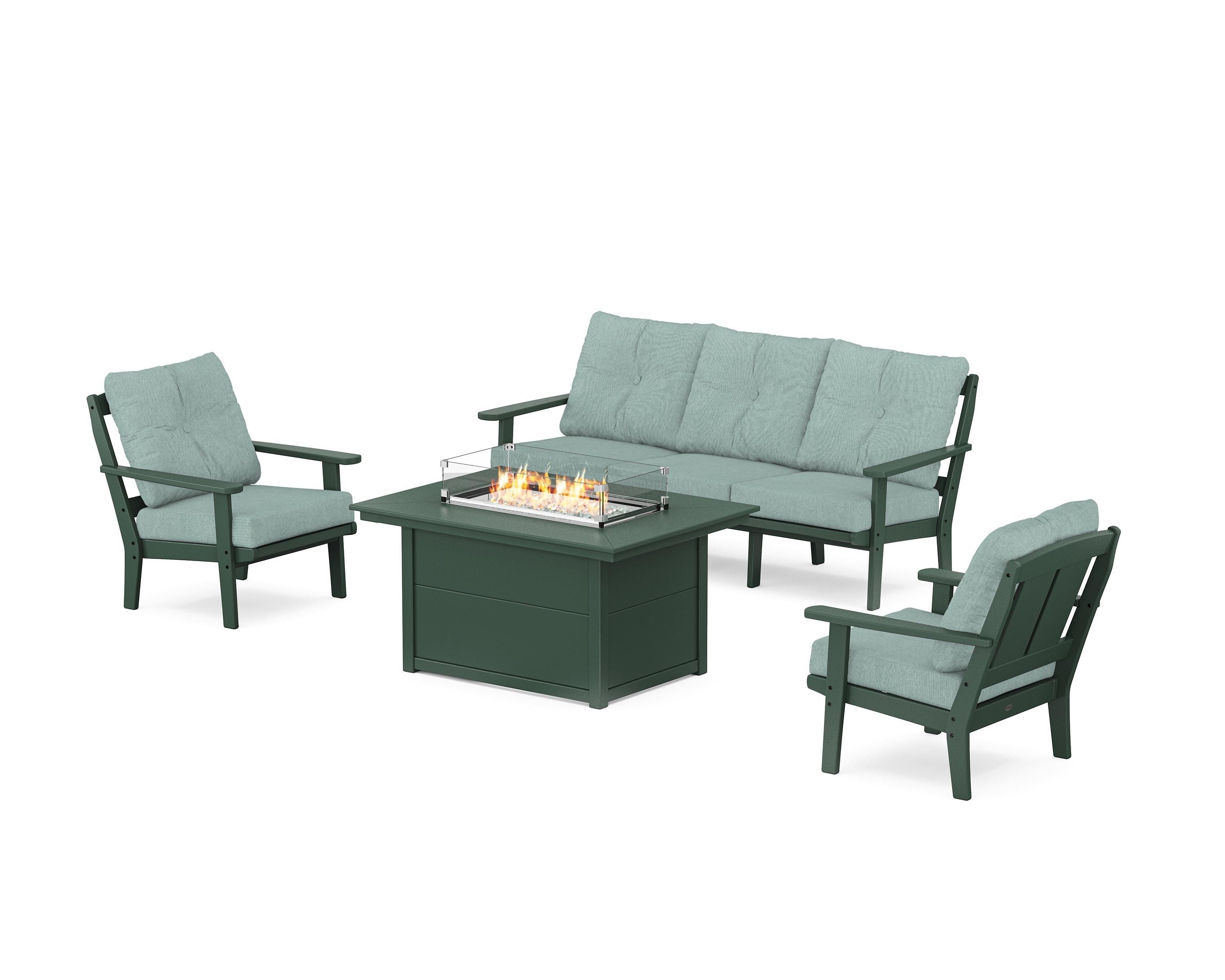 POLYWOOD Mission Deep Seating Fire Pit Table Set in Green / Glacier Spa