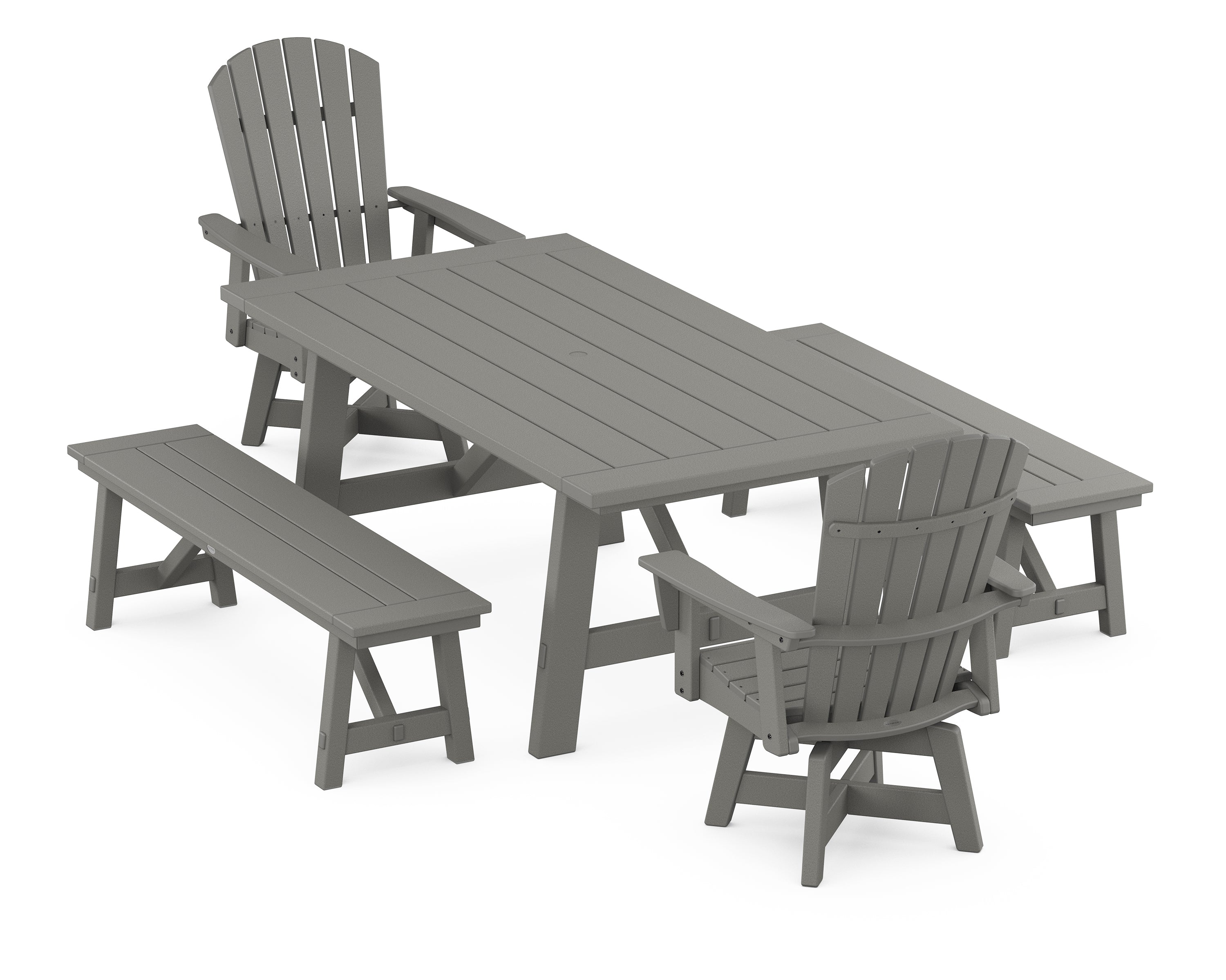POLYWOOD Nautical Curveback Adirondack Swivel Chair 5-Piece Rustic Farmhouse Dining Set With Benches in Slate Grey
