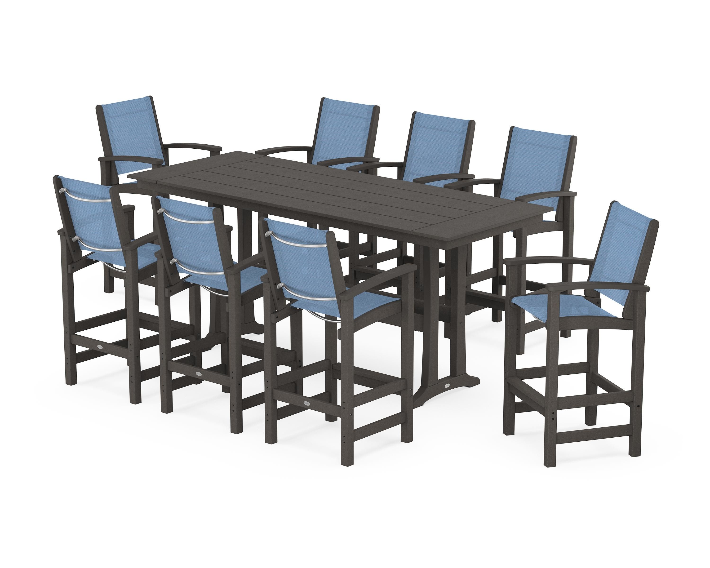 POLYWOOD Coastal 9-Piece Farmhouse Bar Set with Trestle Legs in Vintage Coffee / Poolside Sling
