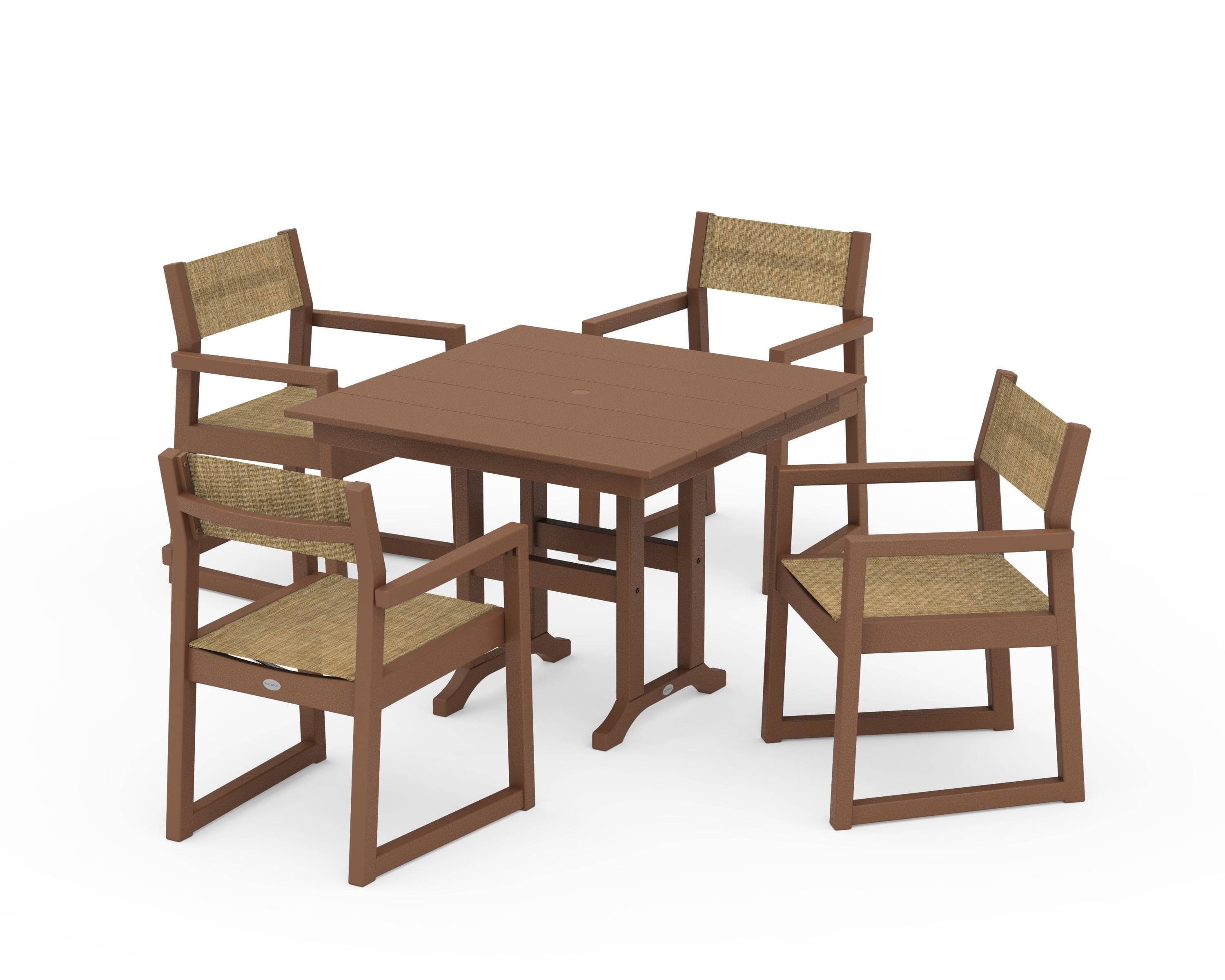 POLYWOOD EDGE Sling Arm Chair 5-Piece Farmhouse Dining Set in Teak / Burlap Sling