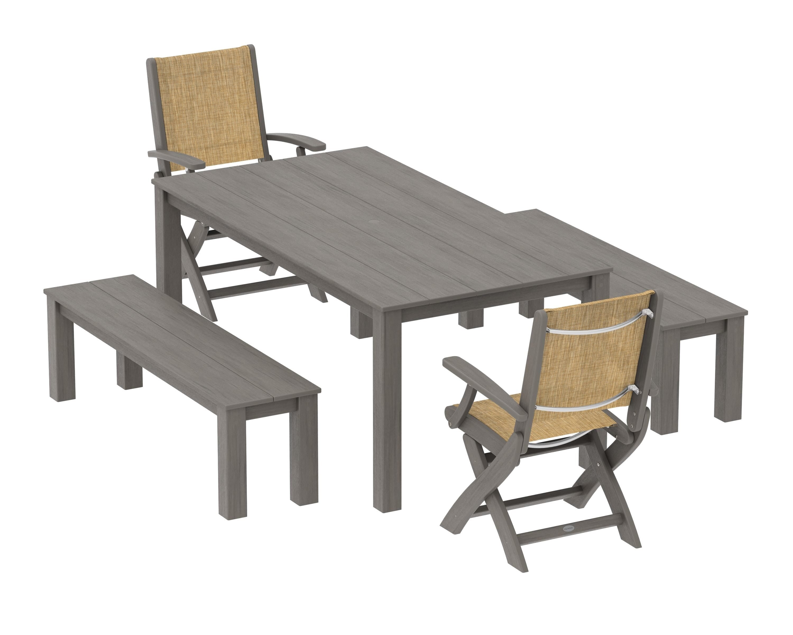 POLYWOOD Coastal Folding Chair 5-Piece Parsons Dining Set with Benches in Driftwood / Burlap Sling
