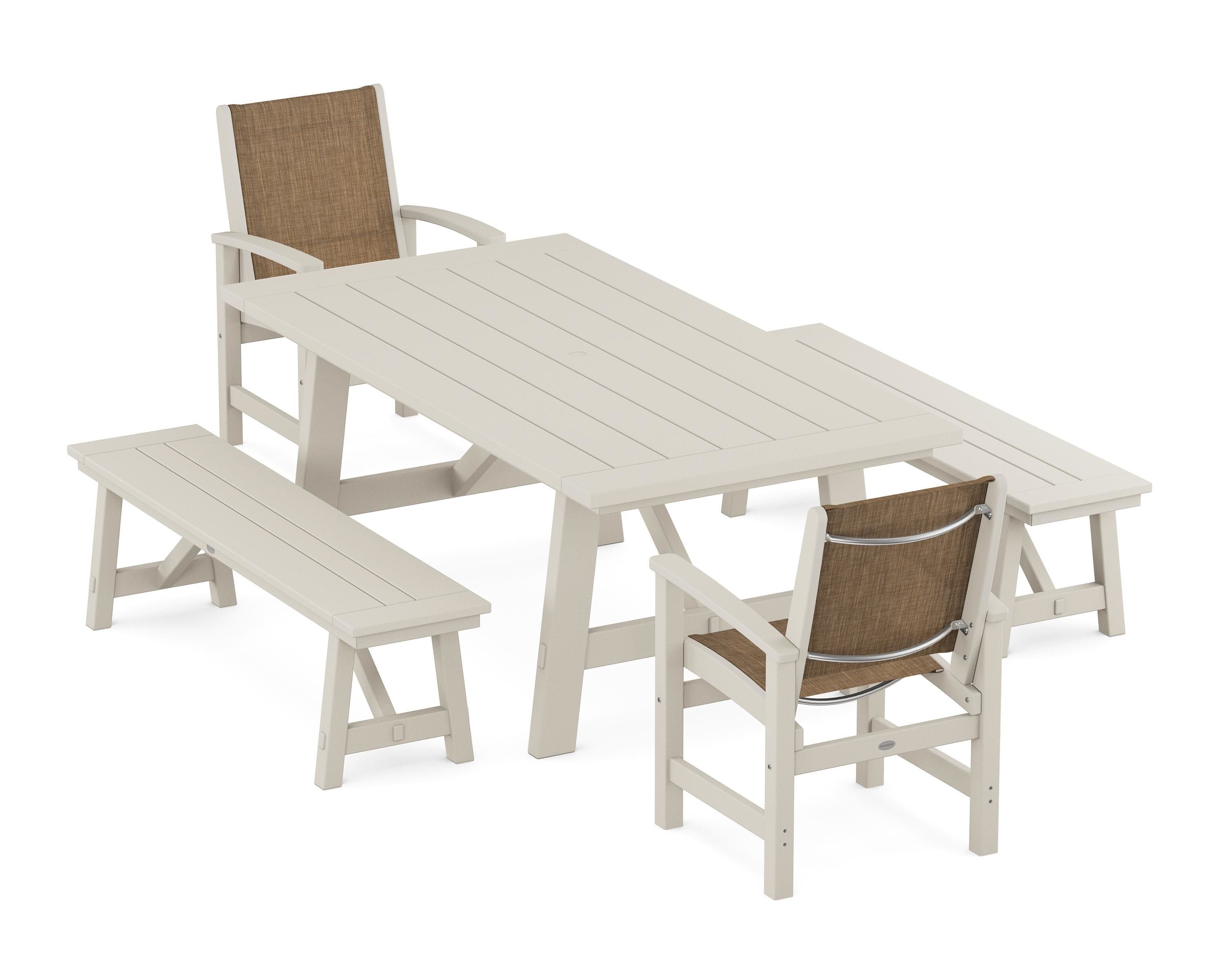 POLYWOOD Coastal 5-Piece Rustic Farmhouse Dining Set With Benches in Sand / Burlap Sling